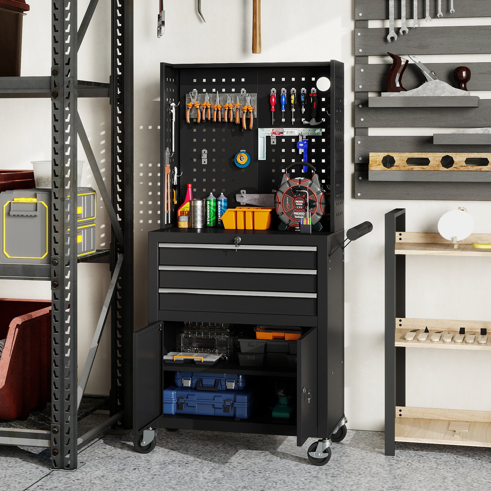 Aosom Rolling Tool Cabinet with Pegboard and 3 Drawers - Black-Home Improvement > Tools > Tool Organizers-DECOROLALA