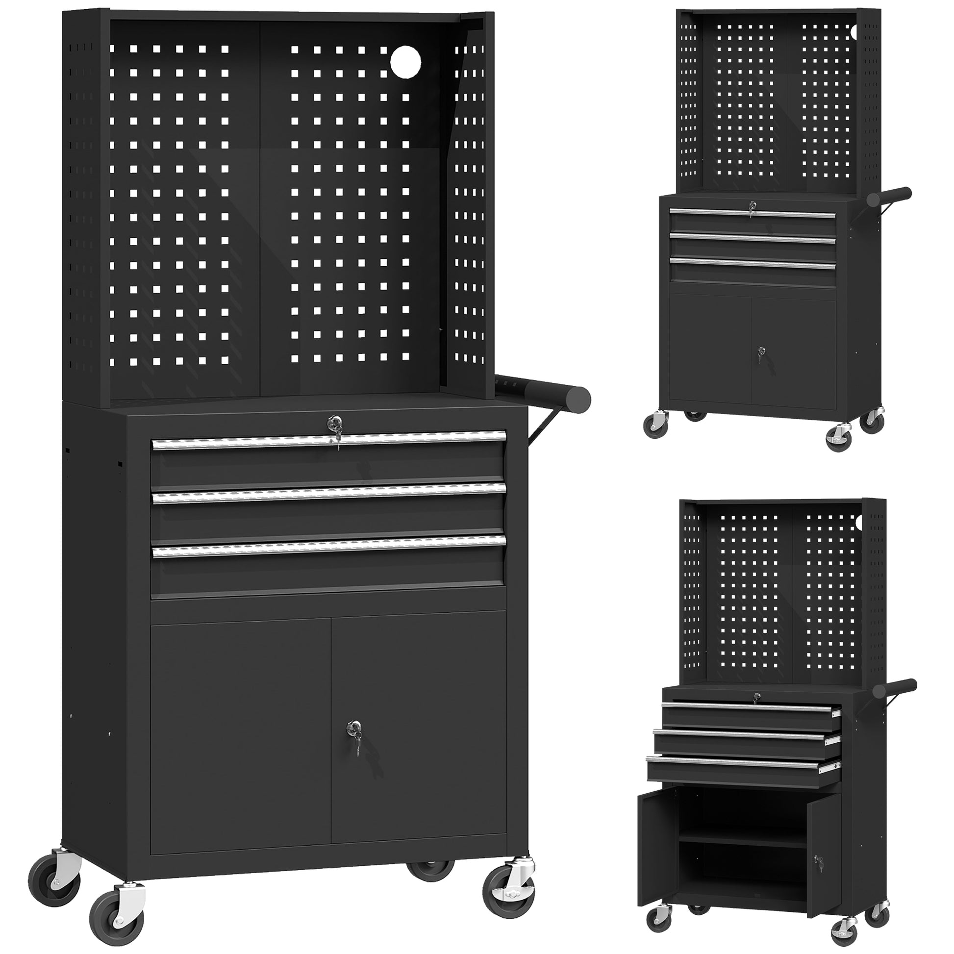 Aosom Rolling Tool Cabinet with Pegboard and 3 Drawers - Black-Home Improvement > Tools > Tool Organizers-DECOROLALA