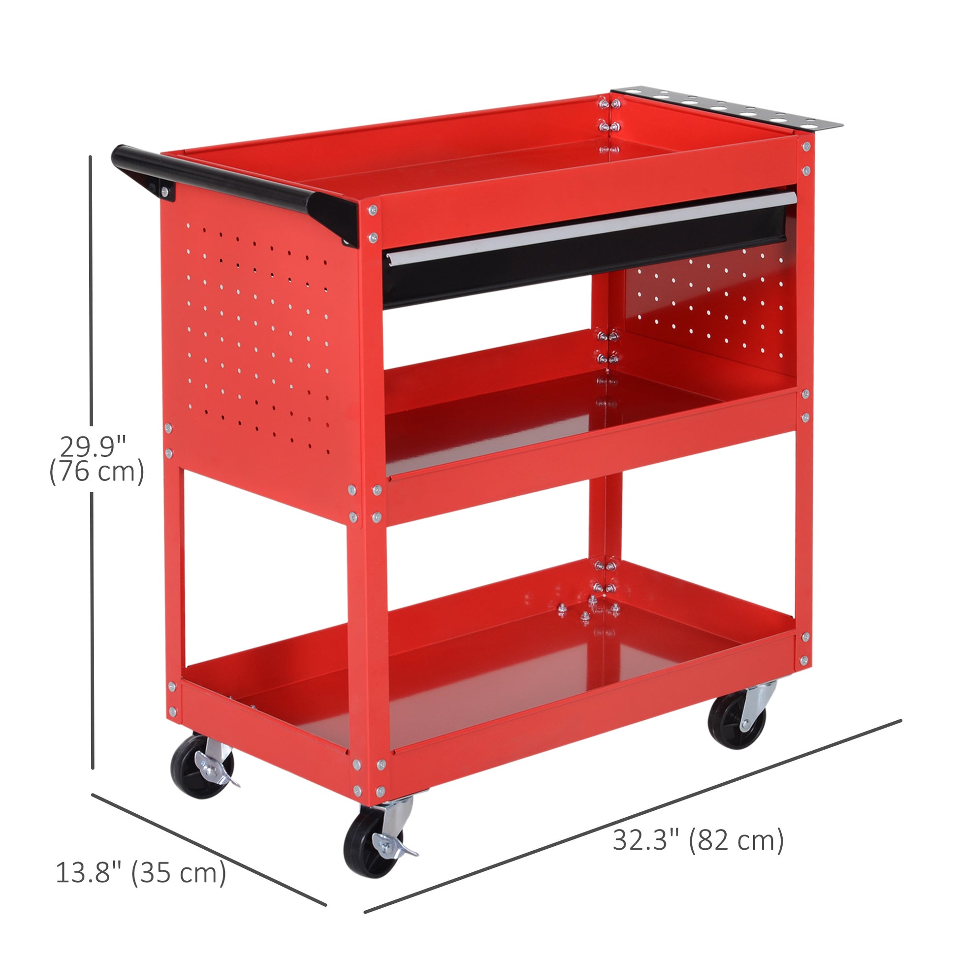 Aosom Rolling Tool Cart - 3-Tier Steel Utility Cart with Drawer, Red-Home Improvement > Tools > Tool Organizers-DECOROLALA
