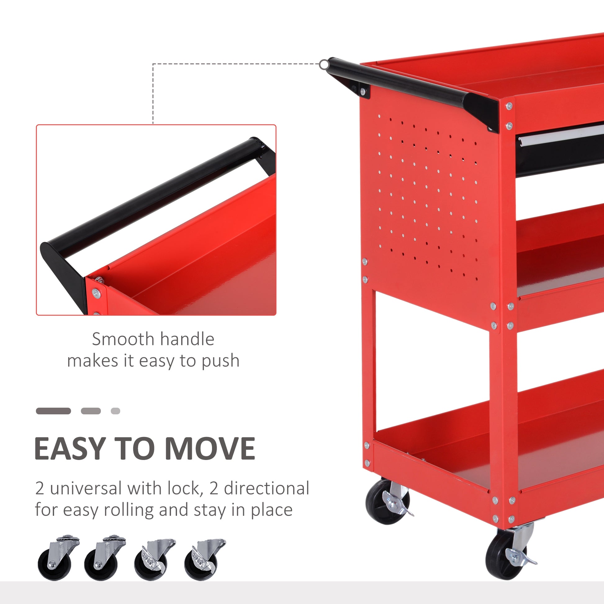 Aosom Rolling Tool Cart - 3-Tier Steel Utility Cart with Drawer, Red-Home Improvement > Tools > Tool Organizers-DECOROLALA