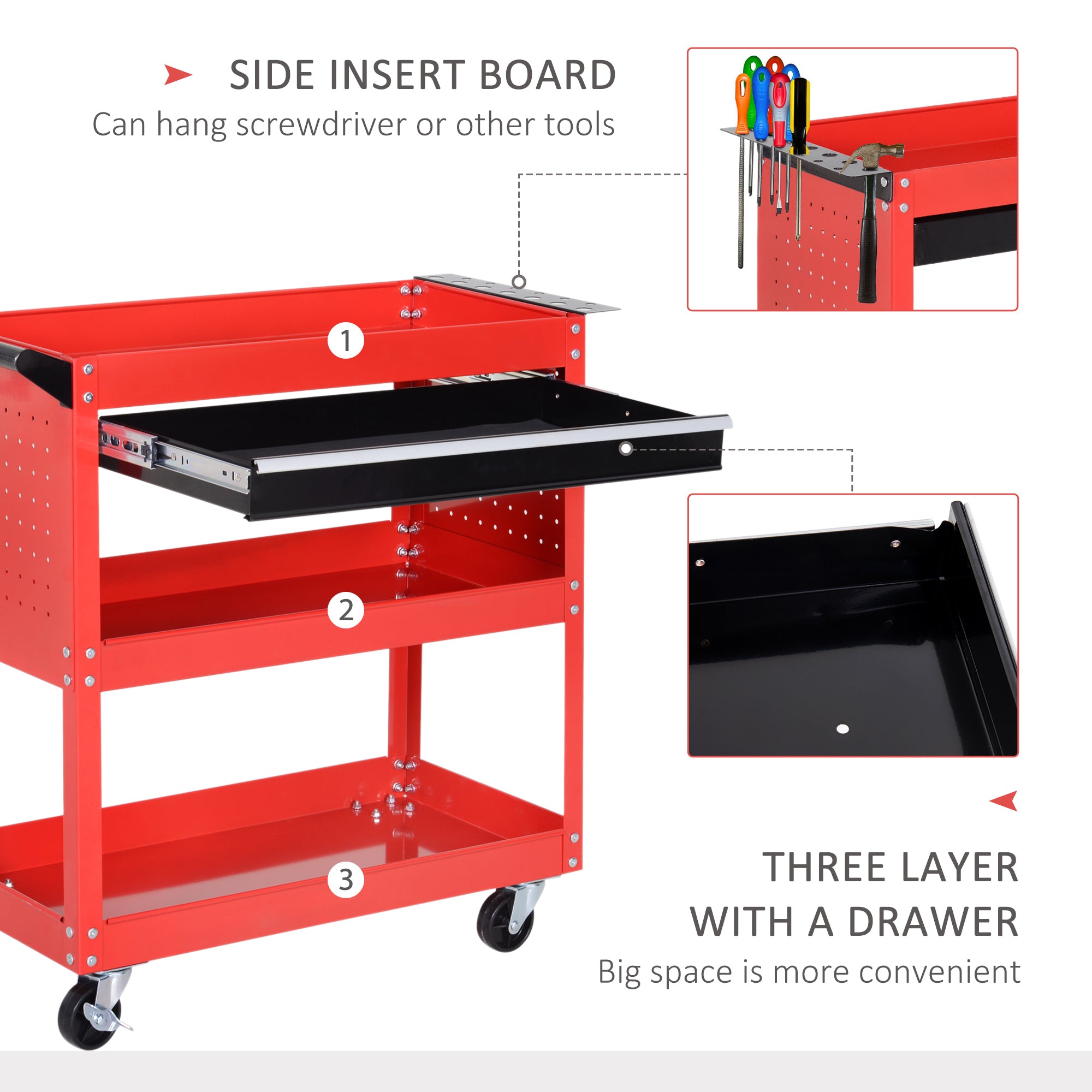 Aosom Rolling Tool Cart - 3-Tier Steel Utility Cart with Drawer, Red-Home Improvement > Tools > Tool Organizers-DECOROLALA