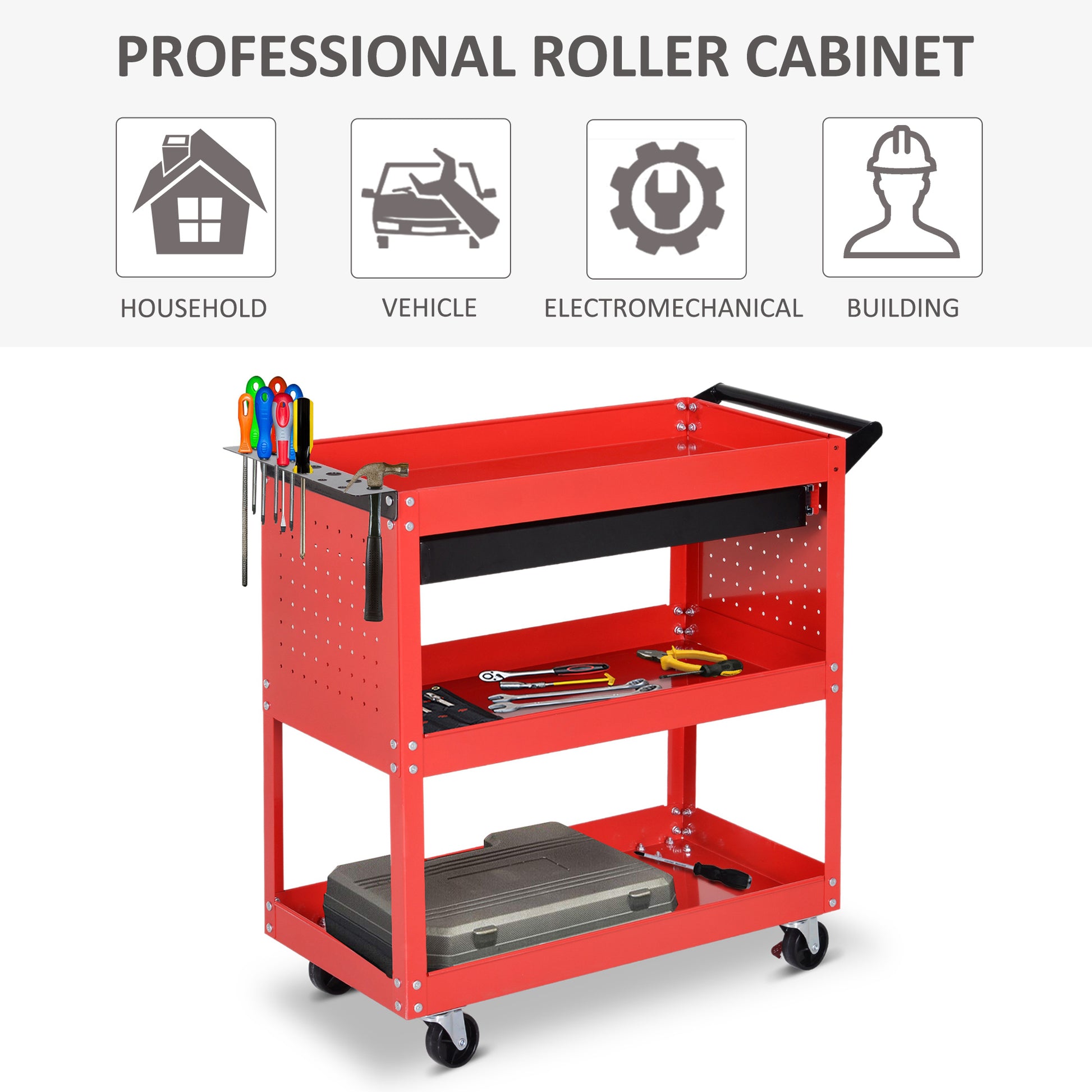 Aosom Rolling Tool Cart - 3-Tier Steel Utility Cart with Drawer, Red-Home Improvement > Tools > Tool Organizers-DECOROLALA