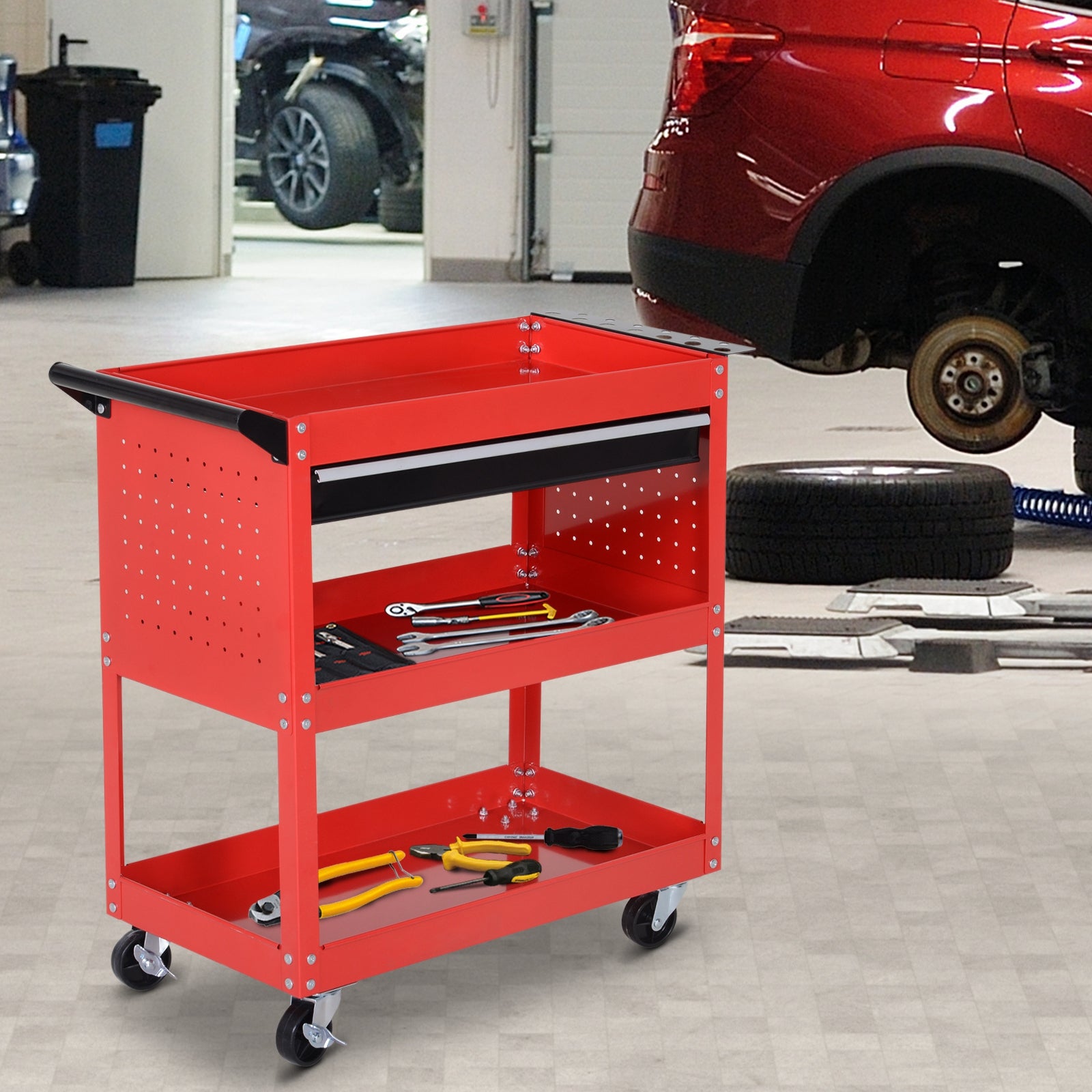 Aosom Rolling Tool Cart - 3-Tier Steel Utility Cart with Drawer, Red-Home Improvement > Tools > Tool Organizers-DECOROLALA