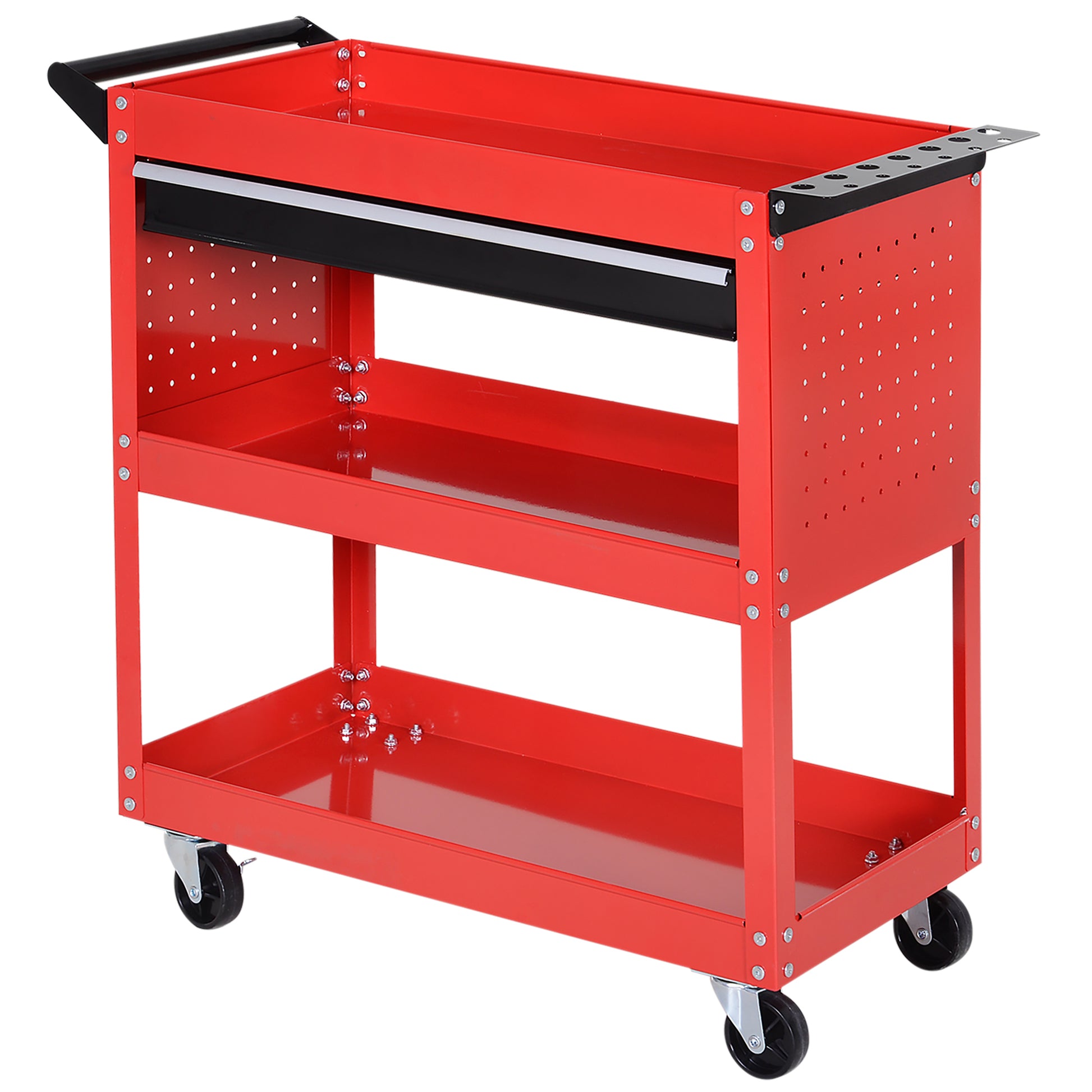 Aosom Rolling Tool Cart - 3-Tier Steel Utility Cart with Drawer, Red-Home Improvement > Tools > Tool Organizers-DECOROLALA