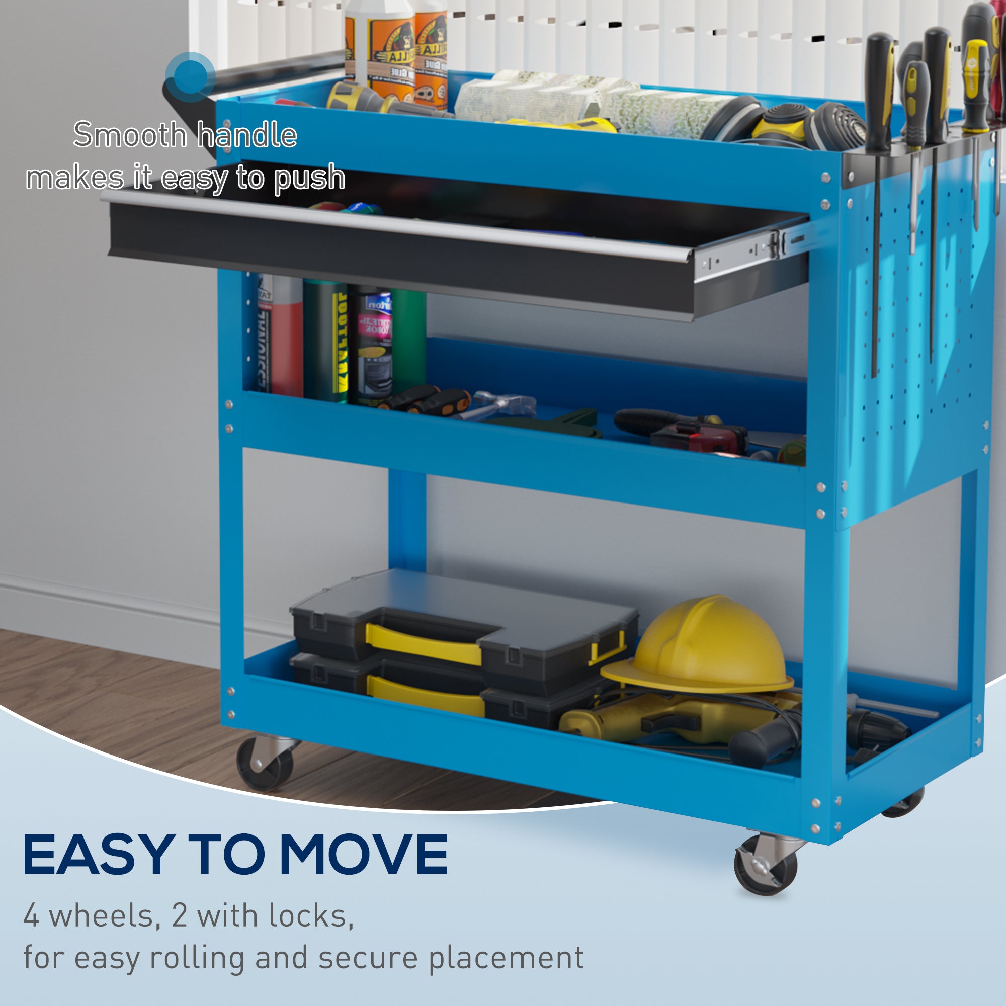 Aosom Rolling Tool Cart with Drawer and 3-Tier Trays - Blue-Home Improvement > Tools > Tool Organizers-DECOROLALA