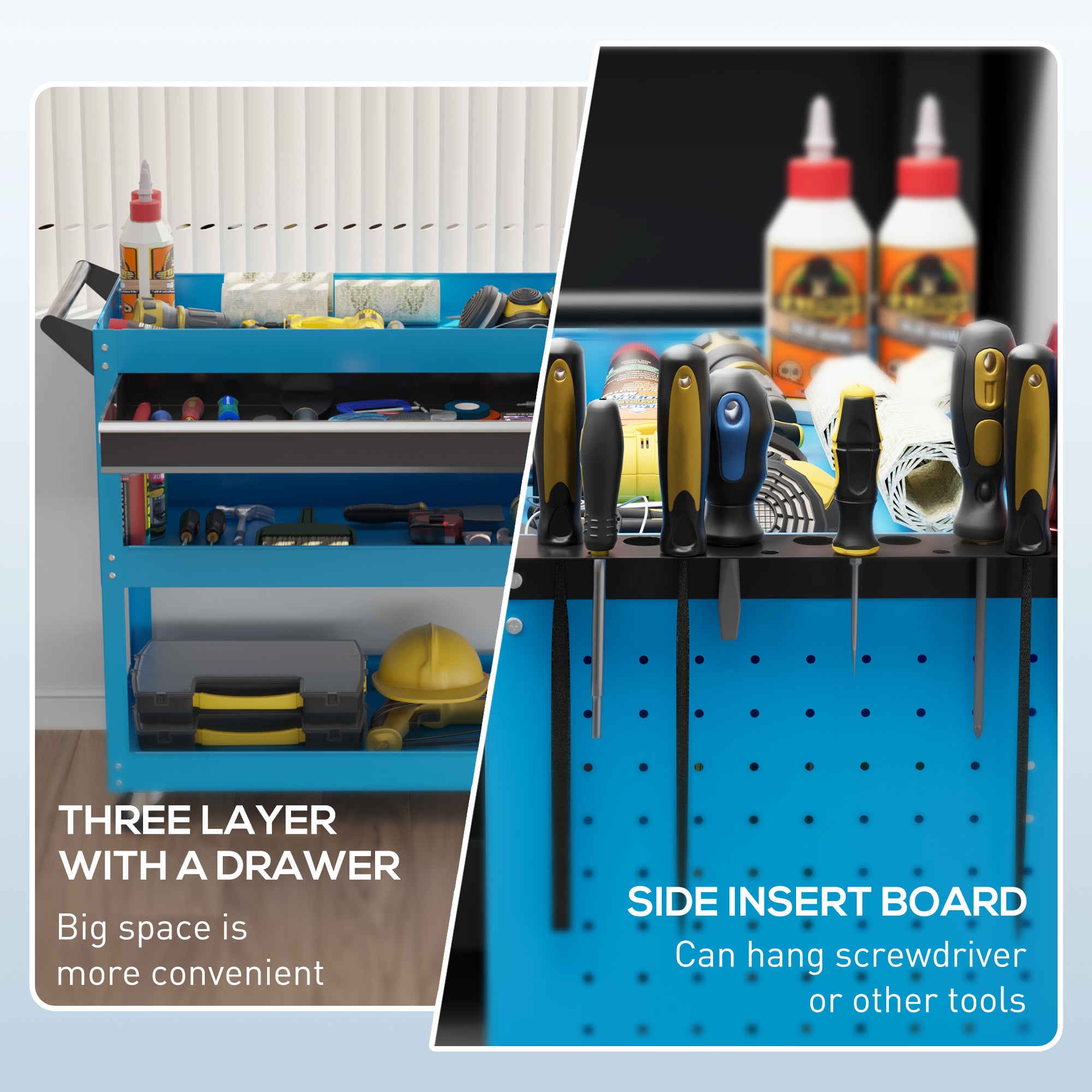 Aosom Rolling Tool Cart with Drawer and 3-Tier Trays - Blue-Home Improvement > Tools > Tool Organizers-DECOROLALA