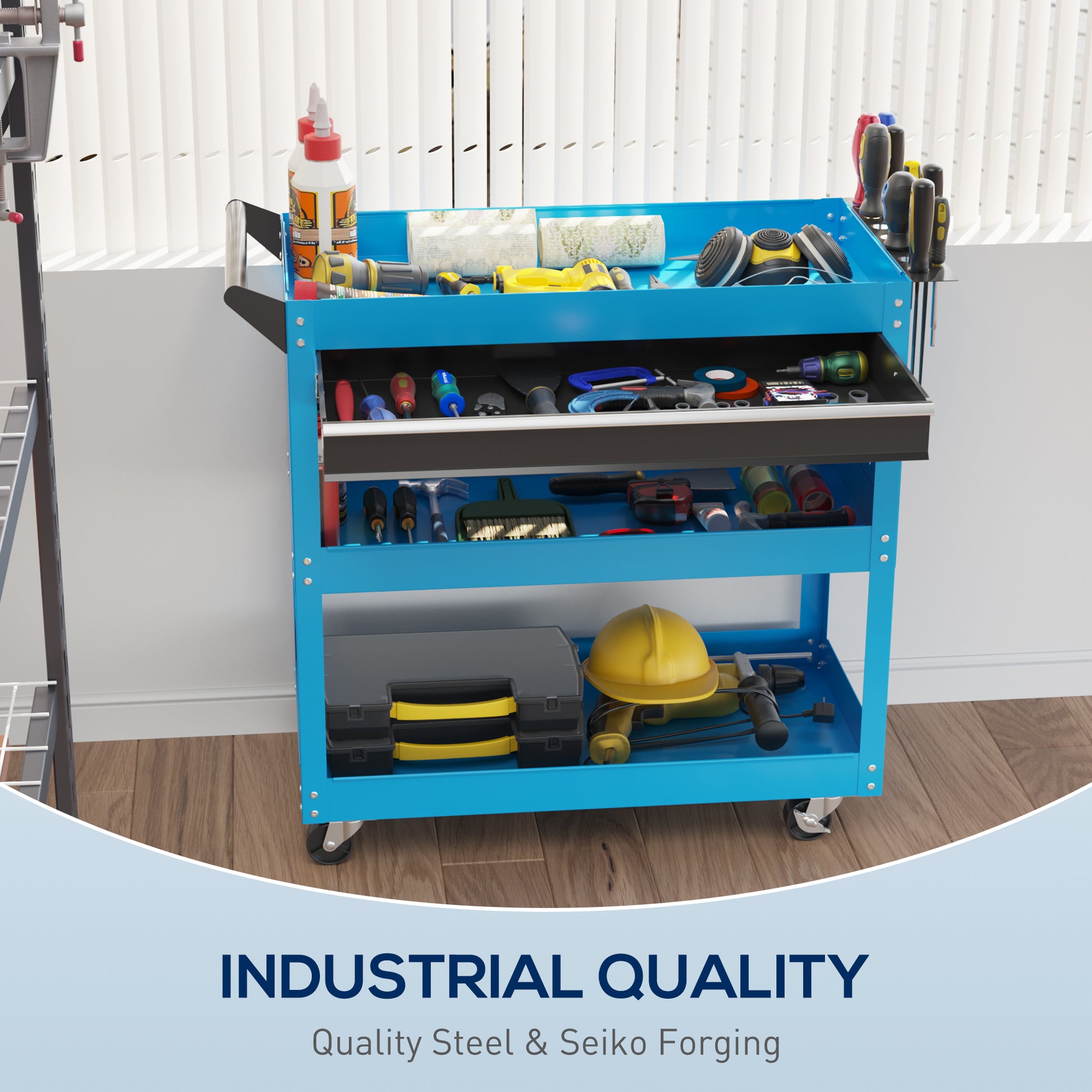 Aosom Rolling Tool Cart with Drawer and 3-Tier Trays - Blue-Home Improvement > Tools > Tool Organizers-DECOROLALA