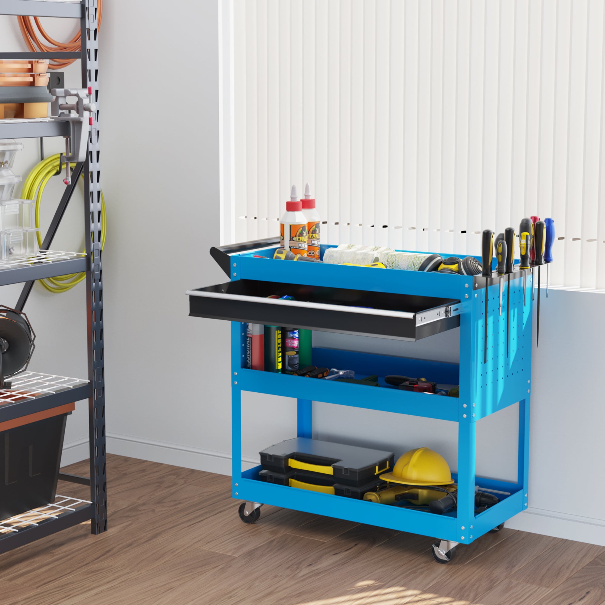 Aosom Rolling Tool Cart with Drawer and 3-Tier Trays - Blue-Home Improvement > Tools > Tool Organizers-DECOROLALA