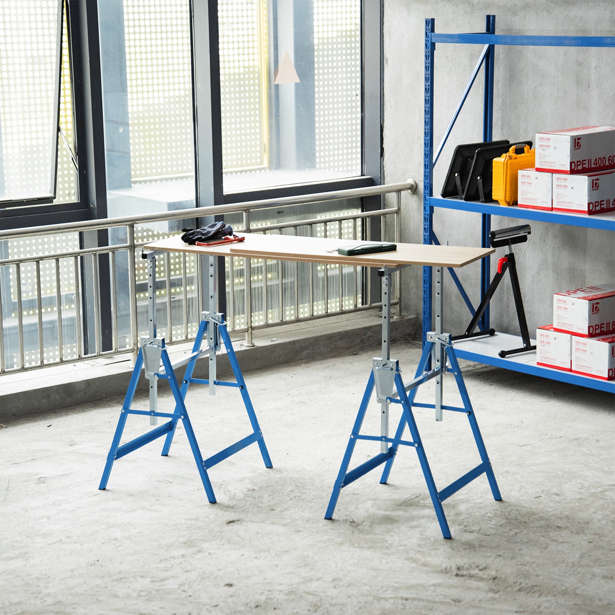 Aosom Set of 2 Adjustable Steel Saw Horses - Blue 441lb Capacity-Home Improvement > Tools-DECOROLALA