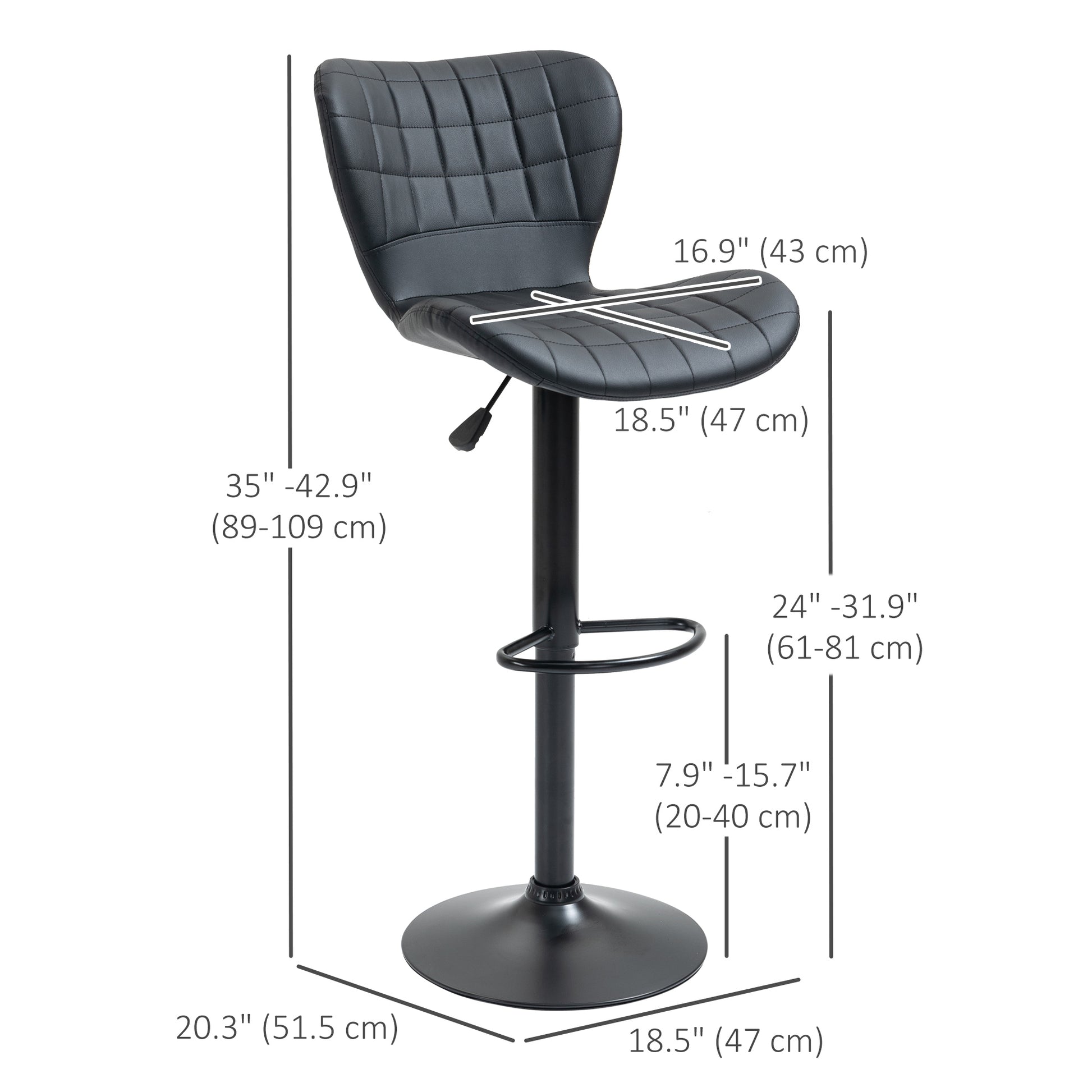 Aosom Set of 2 Adjustable Swivel Bar Stools - Black PU Leather-Home Furnishings > Kitchen & Dining Furniture > Bar Stools-DECOROLALA