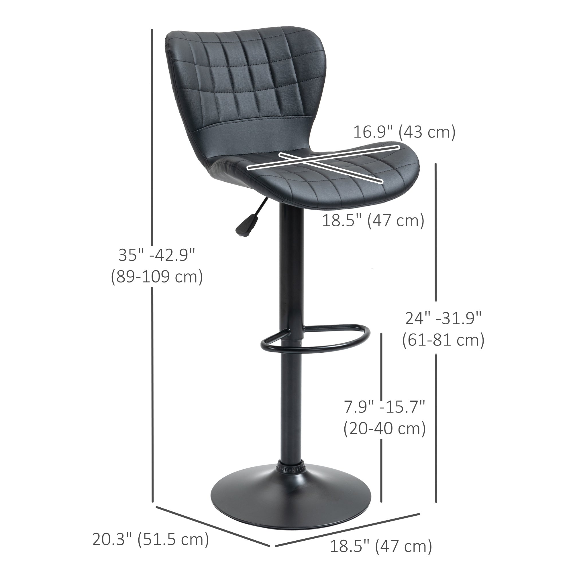 Aosom Set of 2 Adjustable Swivel Bar Stools - Black PU Leather-Home Furnishings > Kitchen & Dining Furniture > Bar Stools-DECOROLALA