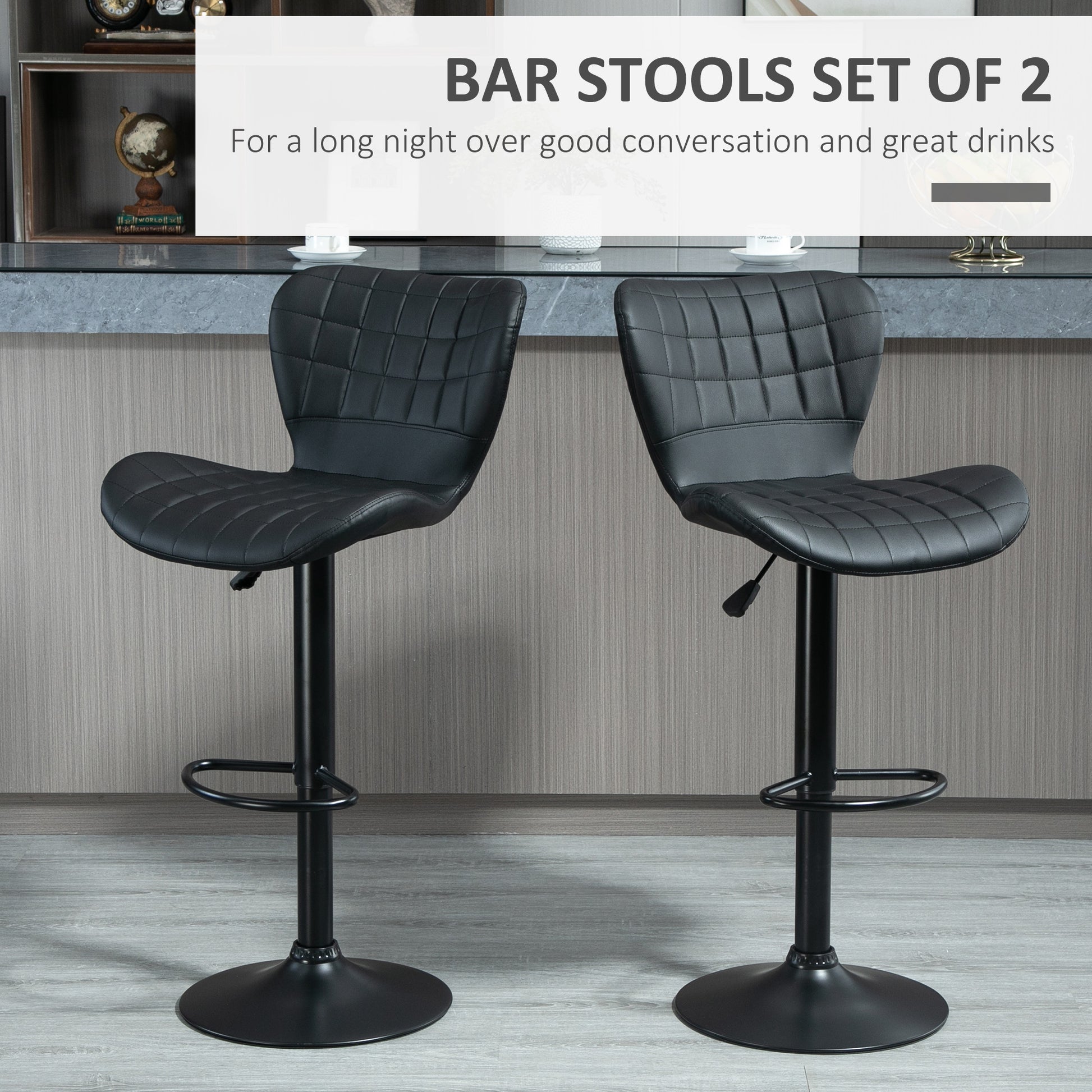 Aosom Set of 2 Adjustable Swivel Bar Stools - Black PU Leather-Home Furnishings > Kitchen & Dining Furniture > Bar Stools-DECOROLALA