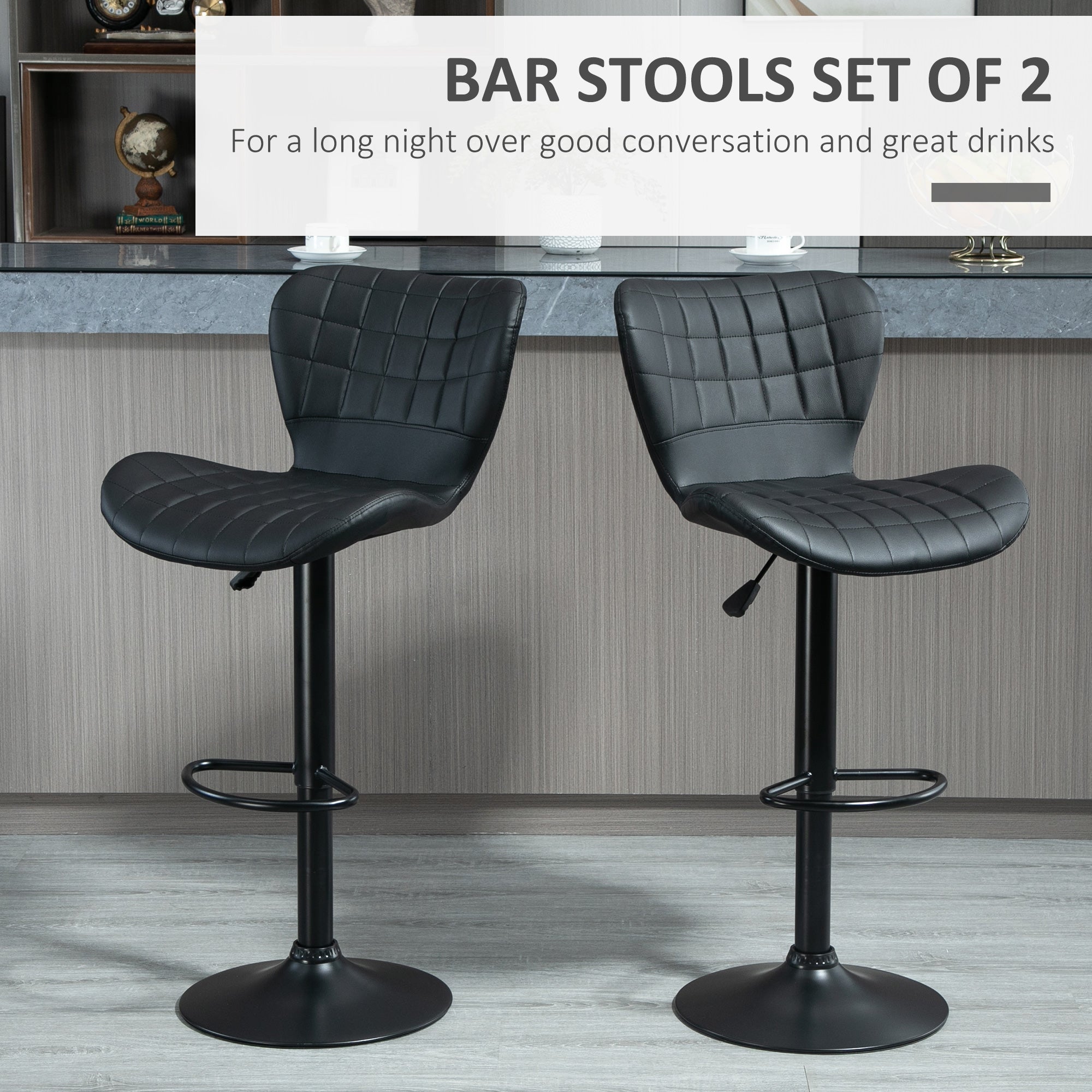 Aosom Set of 2 Adjustable Swivel Bar Stools - Black PU Leather-Home Furnishings > Kitchen & Dining Furniture > Bar Stools-DECOROLALA