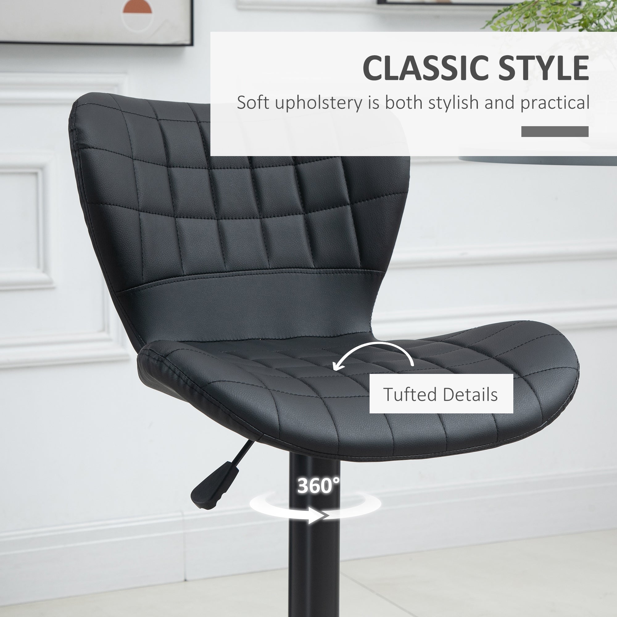 Aosom Set of 2 Adjustable Swivel Bar Stools - Black PU Leather-Home Furnishings > Kitchen & Dining Furniture > Bar Stools-DECOROLALA