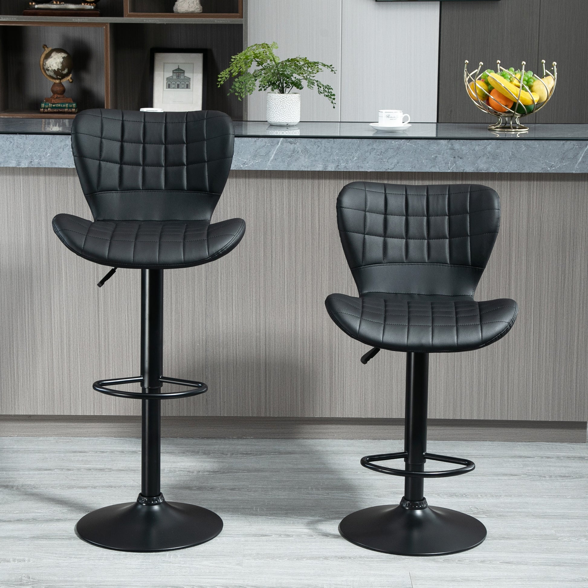 Aosom Set of 2 Adjustable Swivel Bar Stools - Black PU Leather-Home Furnishings > Kitchen & Dining Furniture > Bar Stools-DECOROLALA