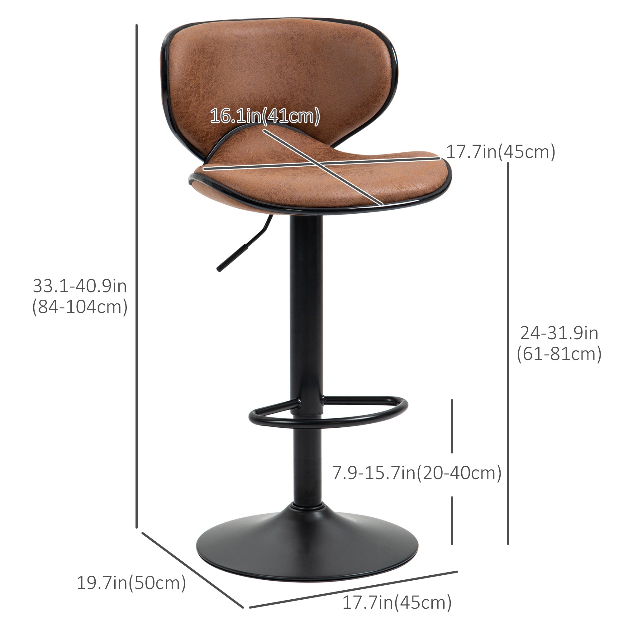 Aosom Set of 2 Adjustable Swivel Bar Stools - Brown Leathaire-Home Furnishings > Kitchen & Dining Furniture > Bar Stools-DECOROLALA