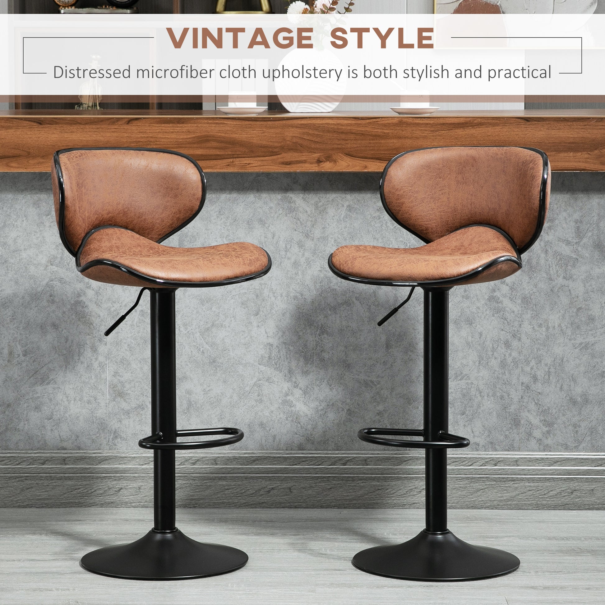 Aosom Set of 2 Adjustable Swivel Bar Stools - Brown Leathaire-Home Furnishings > Kitchen & Dining Furniture > Bar Stools-DECOROLALA