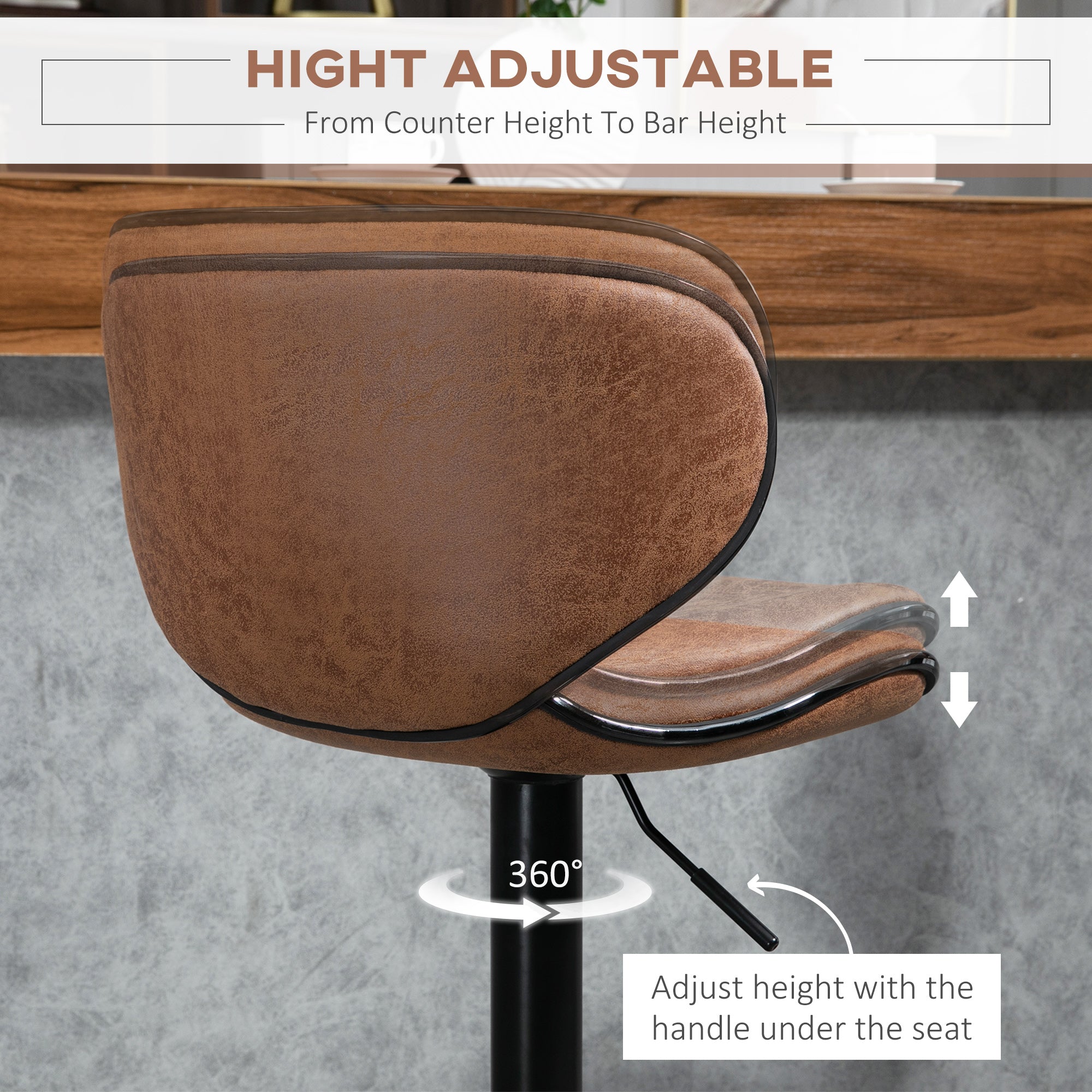 Aosom Set of 2 Adjustable Swivel Bar Stools - Brown Leathaire-Home Furnishings > Kitchen & Dining Furniture > Bar Stools-DECOROLALA