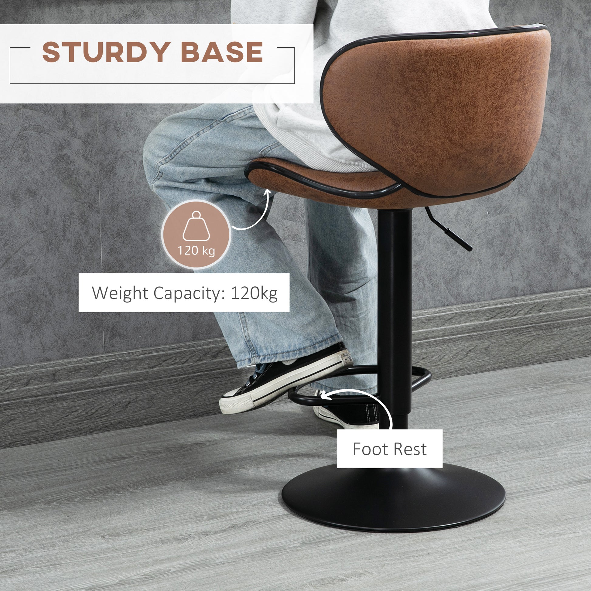 Aosom Set of 2 Adjustable Swivel Bar Stools - Brown Leathaire-Home Furnishings > Kitchen & Dining Furniture > Bar Stools-DECOROLALA