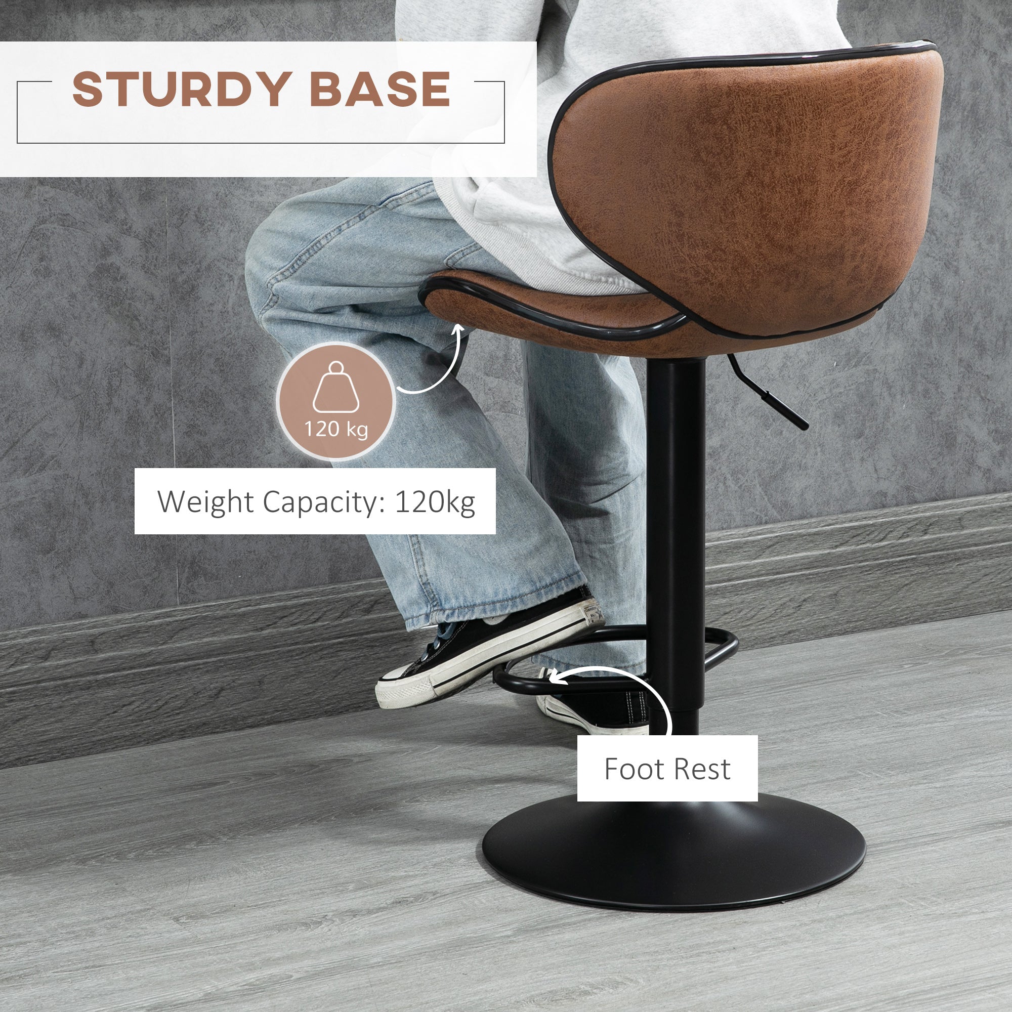 Aosom Set of 2 Adjustable Swivel Bar Stools - Brown Leathaire-Home Furnishings > Kitchen & Dining Furniture > Bar Stools-DECOROLALA