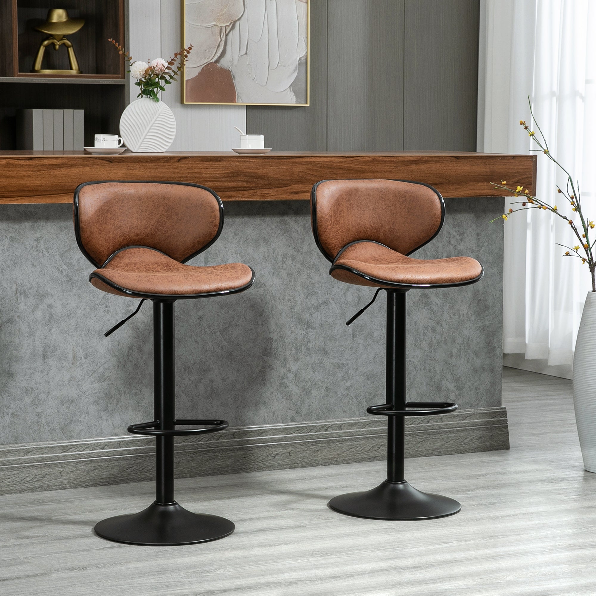 Aosom Set of 2 Adjustable Swivel Bar Stools - Brown Leathaire-Home Furnishings > Kitchen & Dining Furniture > Bar Stools-DECOROLALA