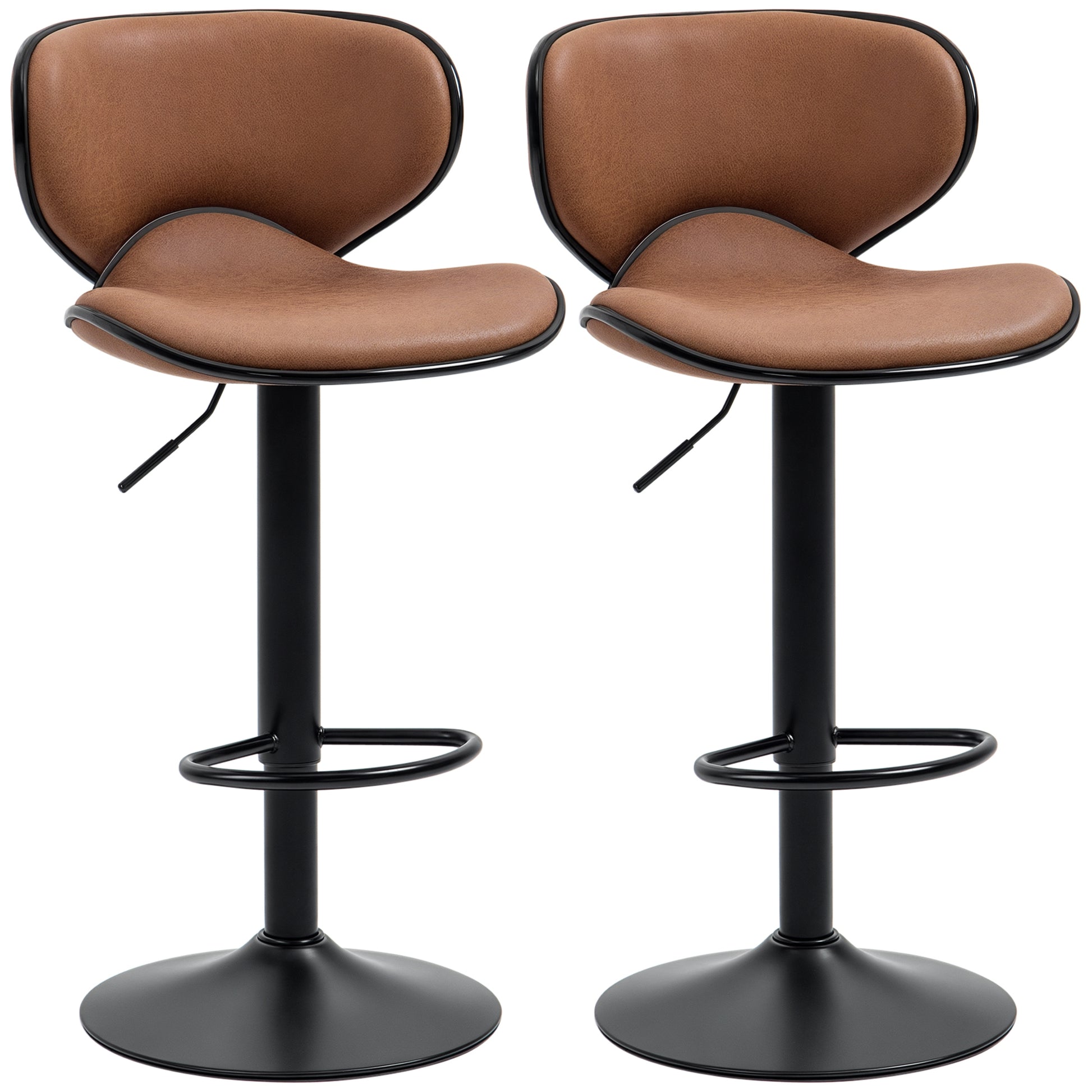 Aosom Set of 2 Adjustable Swivel Bar Stools - Brown Leathaire-Home Furnishings > Kitchen & Dining Furniture > Bar Stools-DECOROLALA