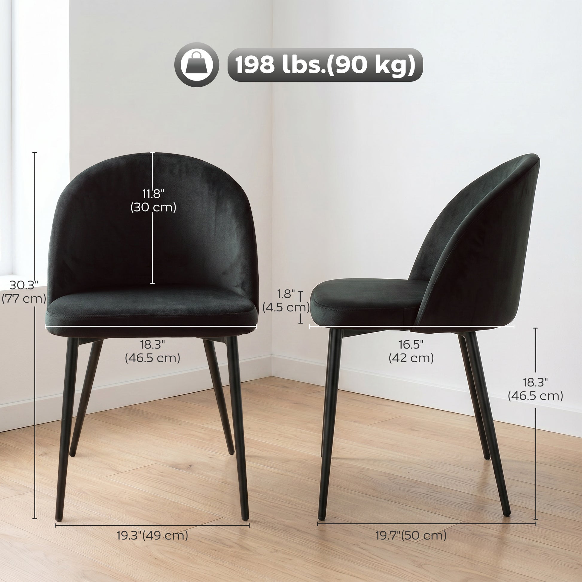 Aosom Set of 2 Black Velvet Dining Chairs with Metal Legs-Home Furnishings > Kitchen & Dining Furniture > Dining Chairs-DECOROLALA