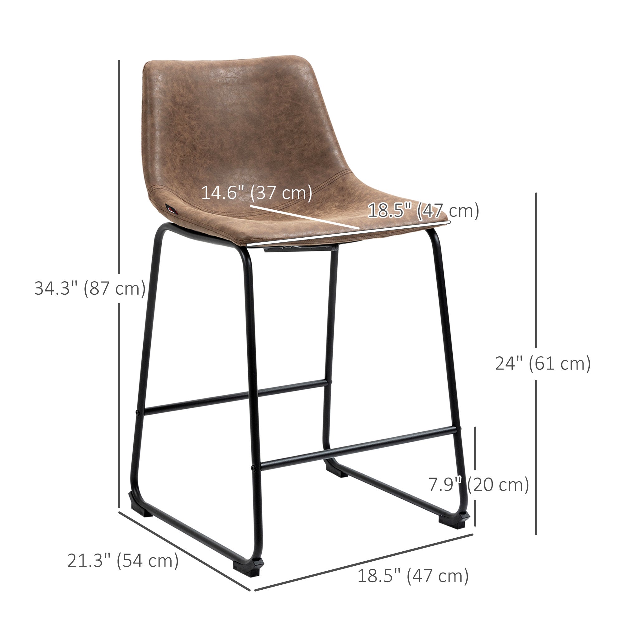 Aosom Set of 2 Brown PU Leather Counter Height Bar Stools-Home Furnishings > Kitchen & Dining Furniture > Bar Stools-DECOROLALA