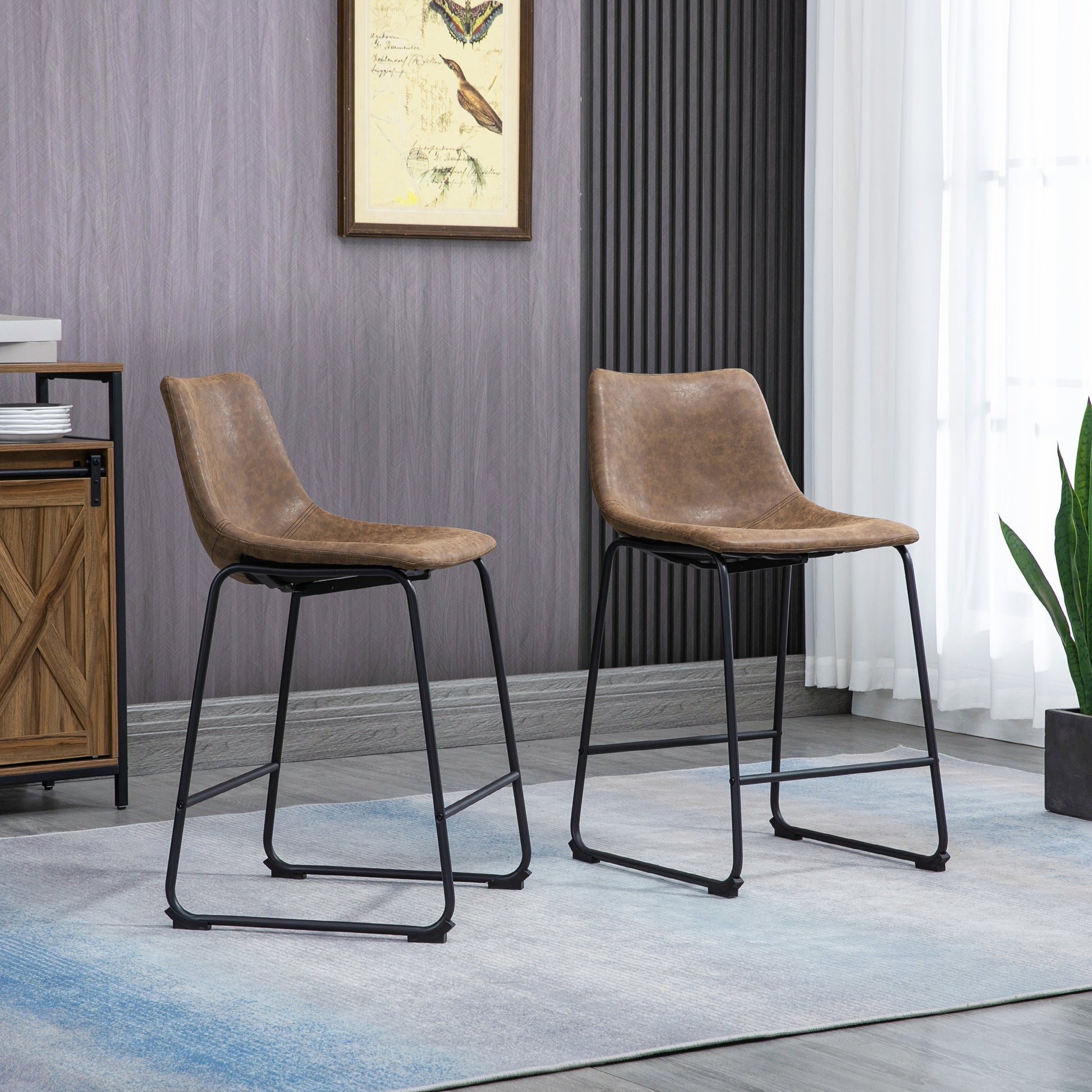 Aosom Set of 2 Brown PU Leather Counter Height Bar Stools-Home Furnishings > Kitchen & Dining Furniture > Bar Stools-DECOROLALA