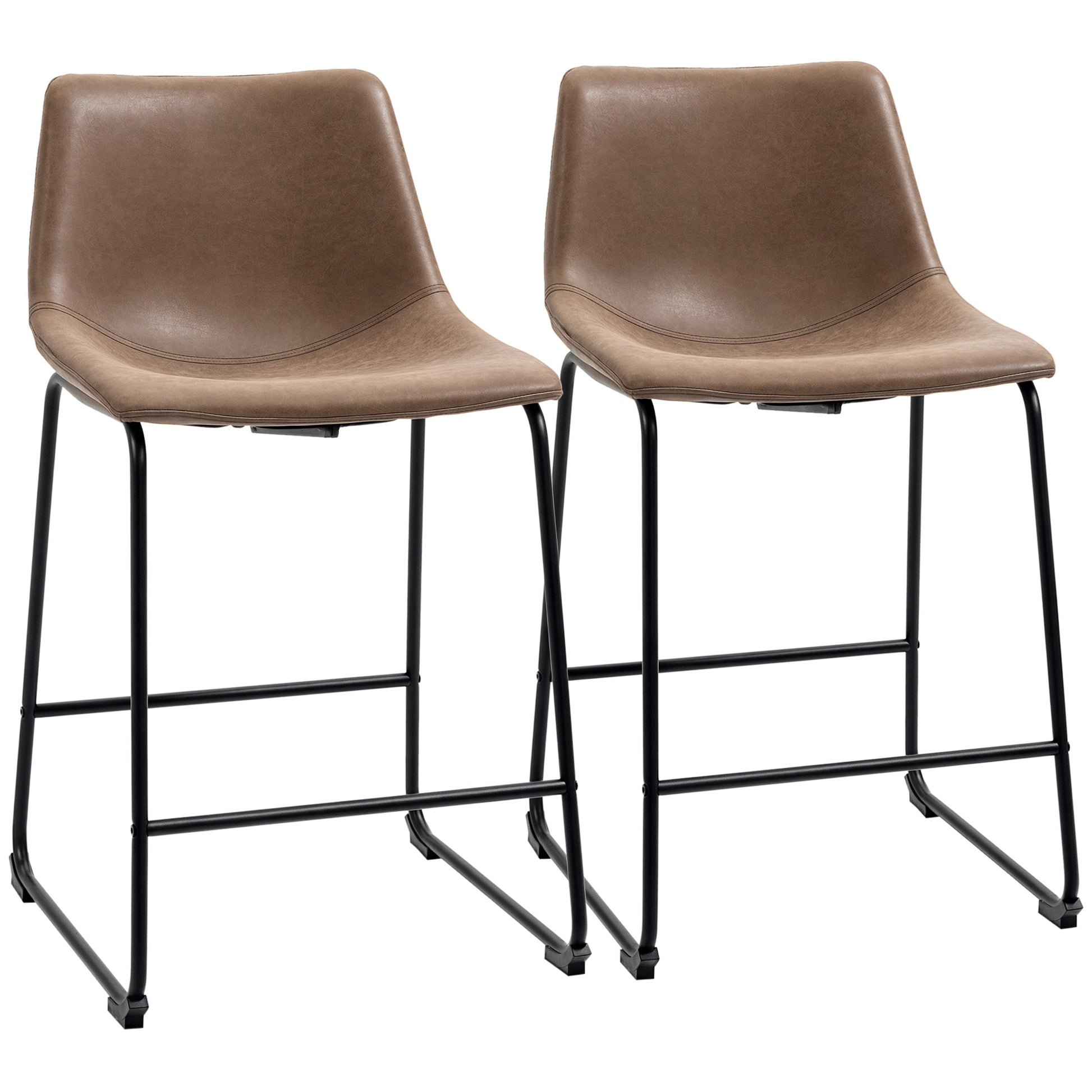 Aosom Set of 2 Brown PU Leather Counter Height Bar Stools-Home Furnishings > Kitchen & Dining Furniture > Bar Stools-DECOROLALA