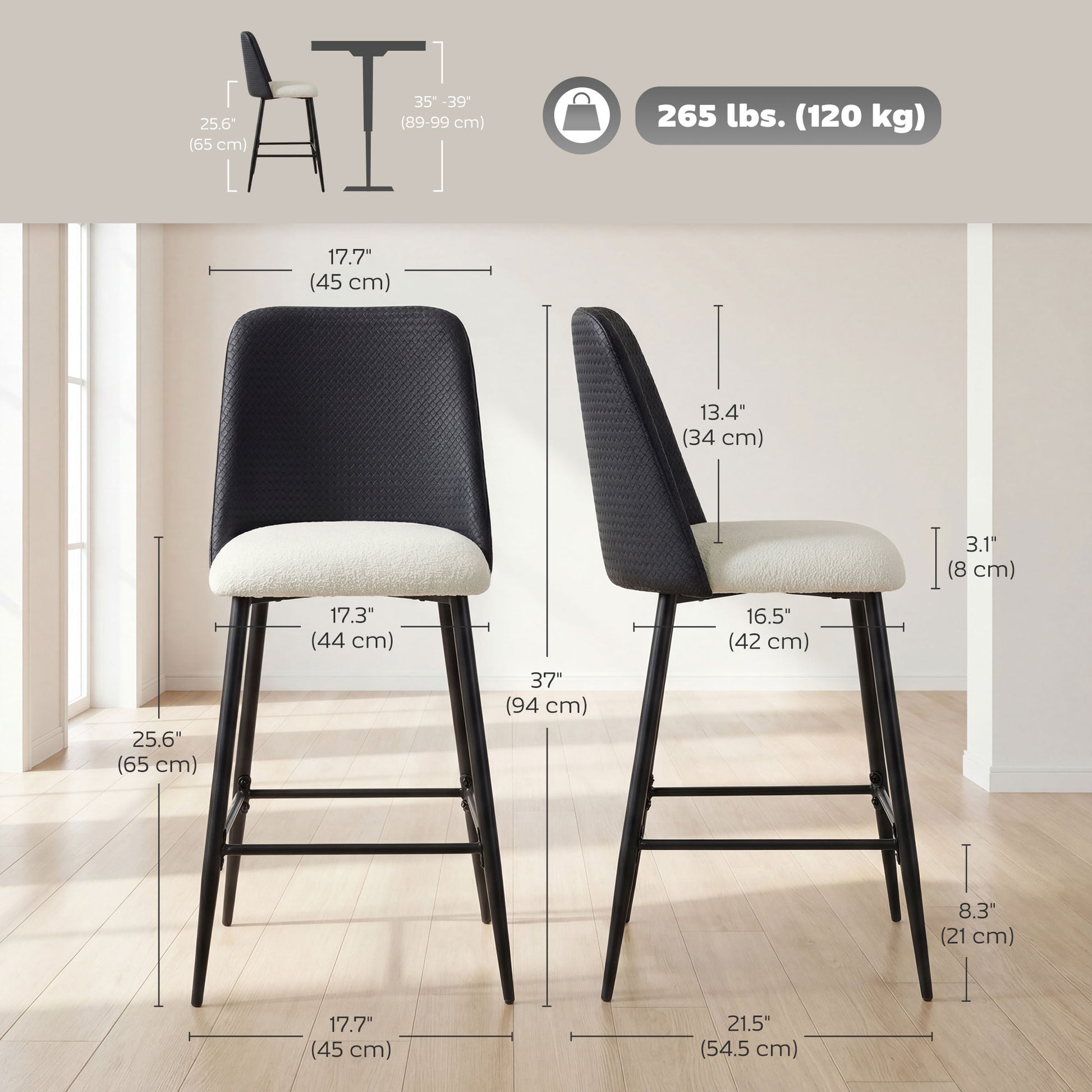 Aosom Set of 2 Counter Height Bar Stools - 26" Black and Beige-Home Furnishings > Kitchen & Dining Furniture > Bar Stools-DECOROLALA