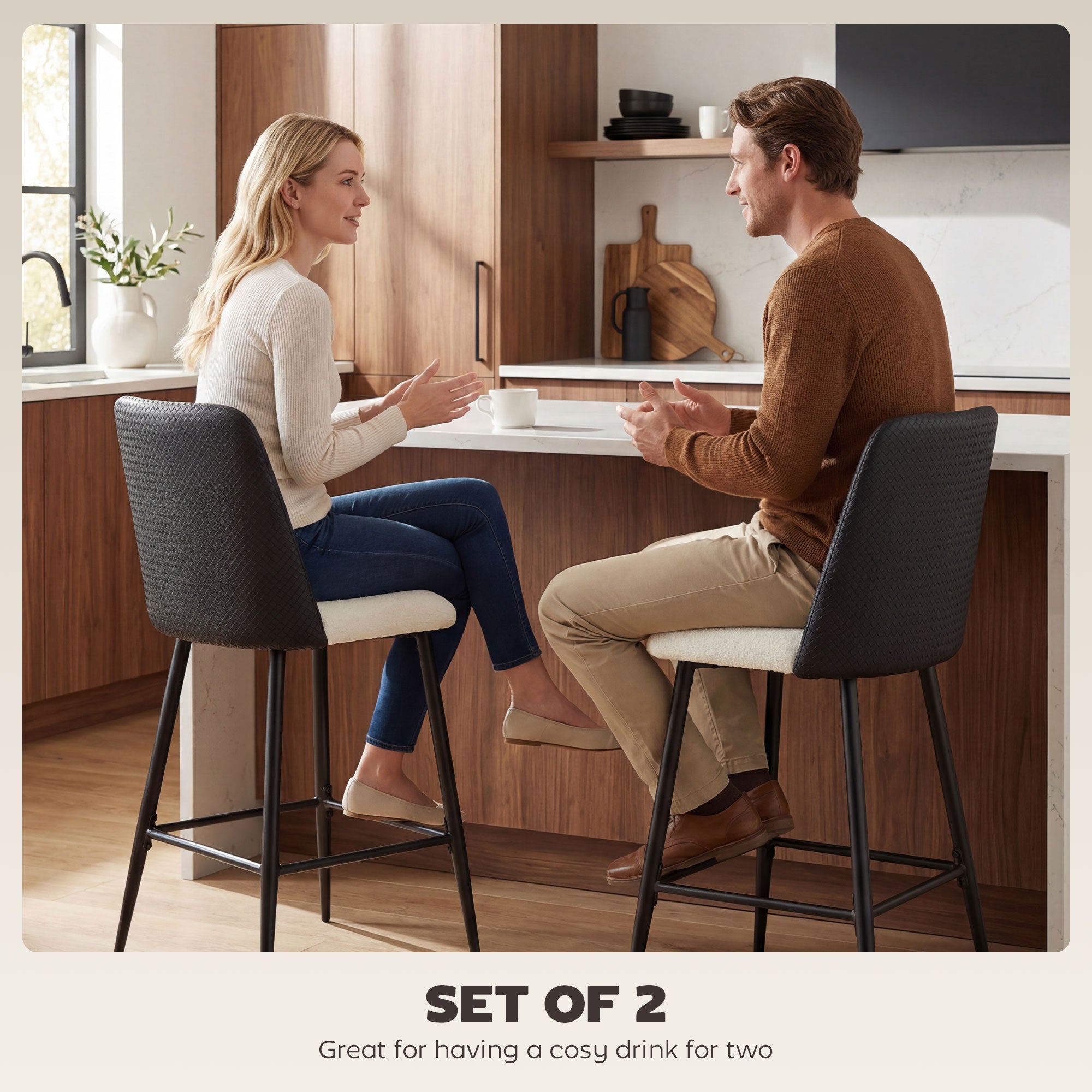 Aosom Set of 2 Counter Height Bar Stools - 26" Black and Beige-Home Furnishings > Kitchen & Dining Furniture > Bar Stools-DECOROLALA