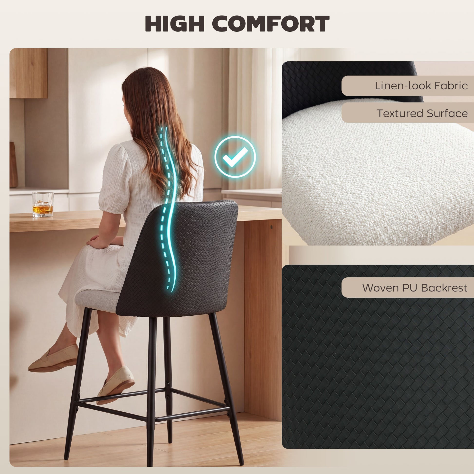 Aosom Set of 2 Counter Height Bar Stools - 26" Black and Beige-Home Furnishings > Kitchen & Dining Furniture > Bar Stools-DECOROLALA