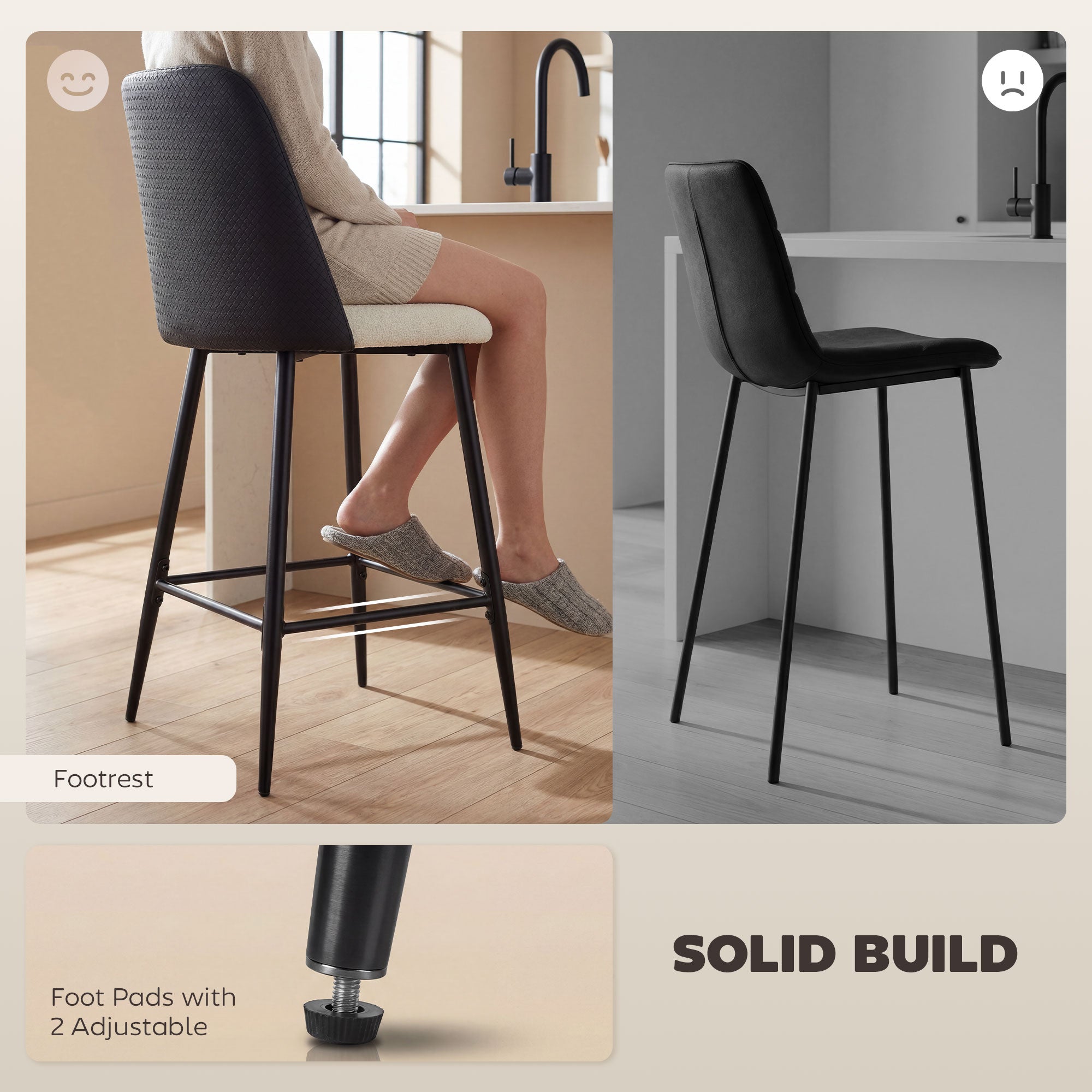Aosom Set of 2 Counter Height Bar Stools - 26" Black and Beige-Home Furnishings > Kitchen & Dining Furniture > Bar Stools-DECOROLALA
