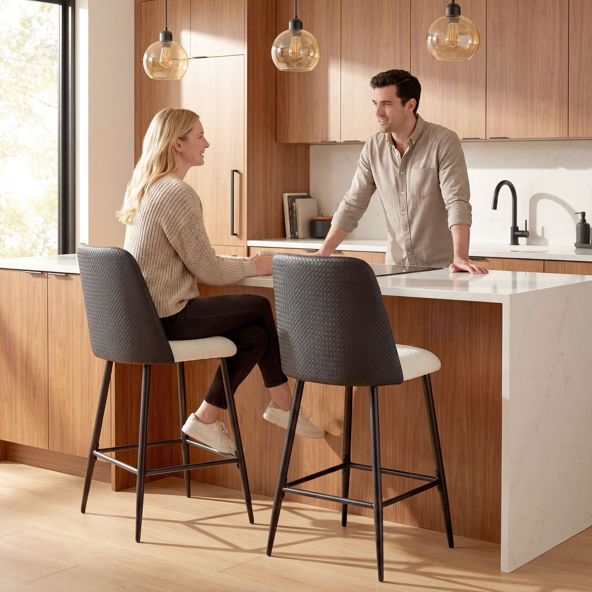 Aosom Set of 2 Counter Height Bar Stools - 26" Black and Beige-Home Furnishings > Kitchen & Dining Furniture > Bar Stools-DECOROLALA