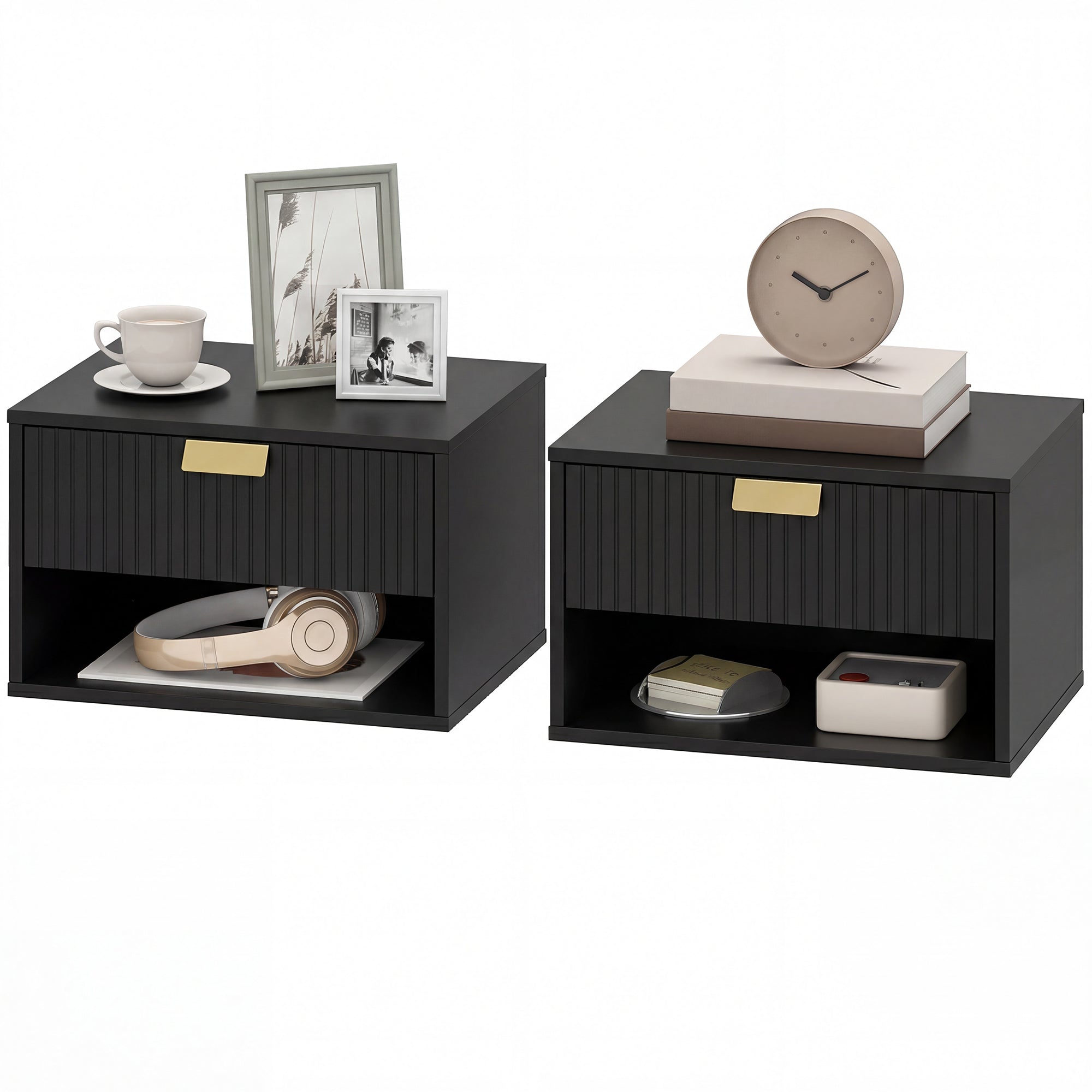Aosom Set of 2 Floating Nightstands - Black Wall Mounted Tables-Home Furnishings > Bedroom Furniture > Bedside Tables-DECOROLALA