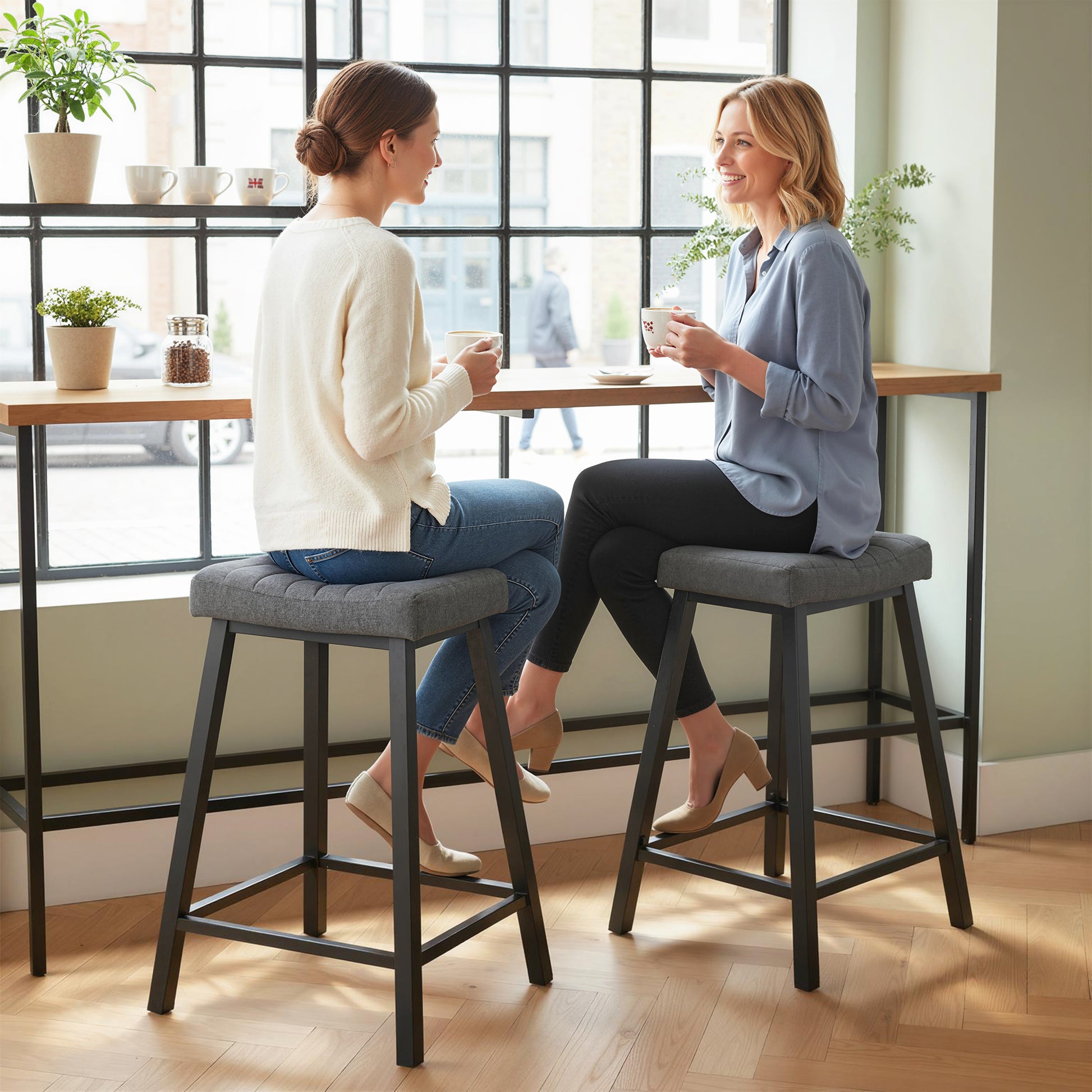 Aosom Set of 2 Grey Velvet Bar Stools - 26" Counter Height-Home Furnishings > Kitchen & Dining Furniture > Bar Stools-DECOROLALA