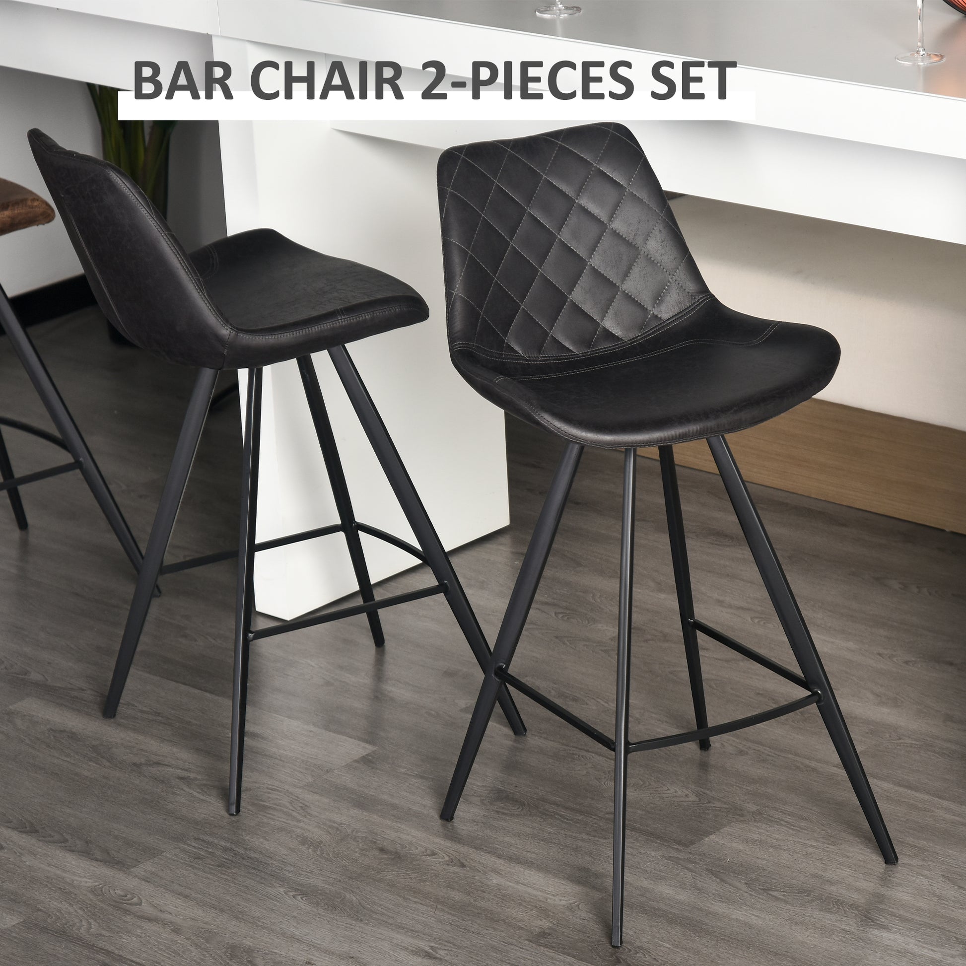 Aosom Set of 2 Microfiber Bar Stools - Black Metal Legs-Home Furnishings > Kitchen & Dining Furniture > Bar Stools-DECOROLALA