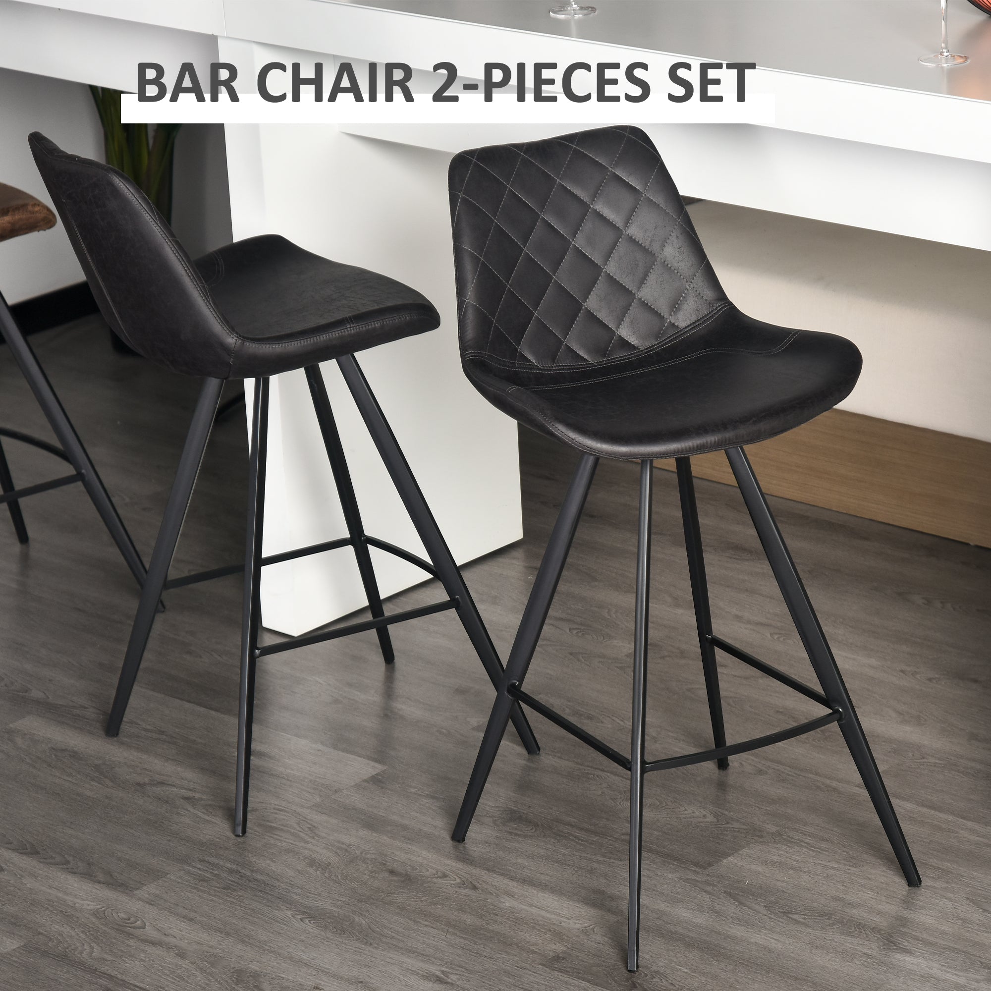 Aosom Set of 2 Microfiber Bar Stools - Black Metal Legs-Home Furnishings > Kitchen & Dining Furniture > Bar Stools-DECOROLALA