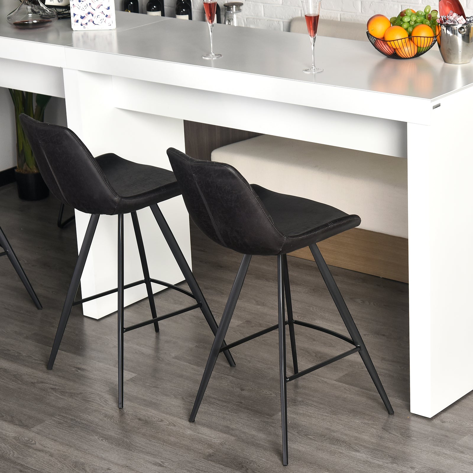 Aosom Set of 2 Microfiber Bar Stools - Black Metal Legs-Home Furnishings > Kitchen & Dining Furniture > Bar Stools-DECOROLALA