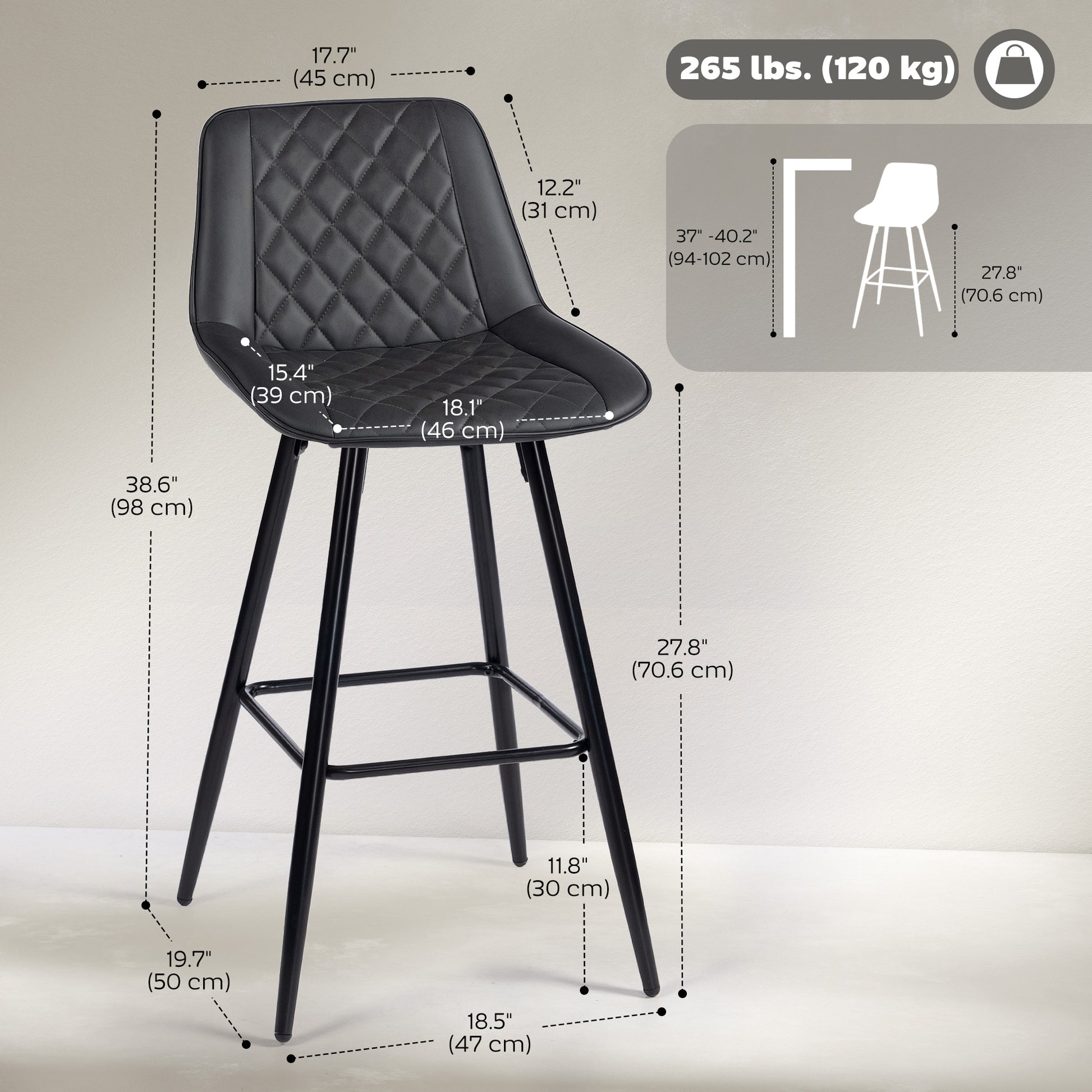 Aosom Set of 2 PU Leather Bar Stools - 27.75" Black Counter Chairs-Home Furnishings > Kitchen & Dining Furniture > Bar Stools-DECOROLALA