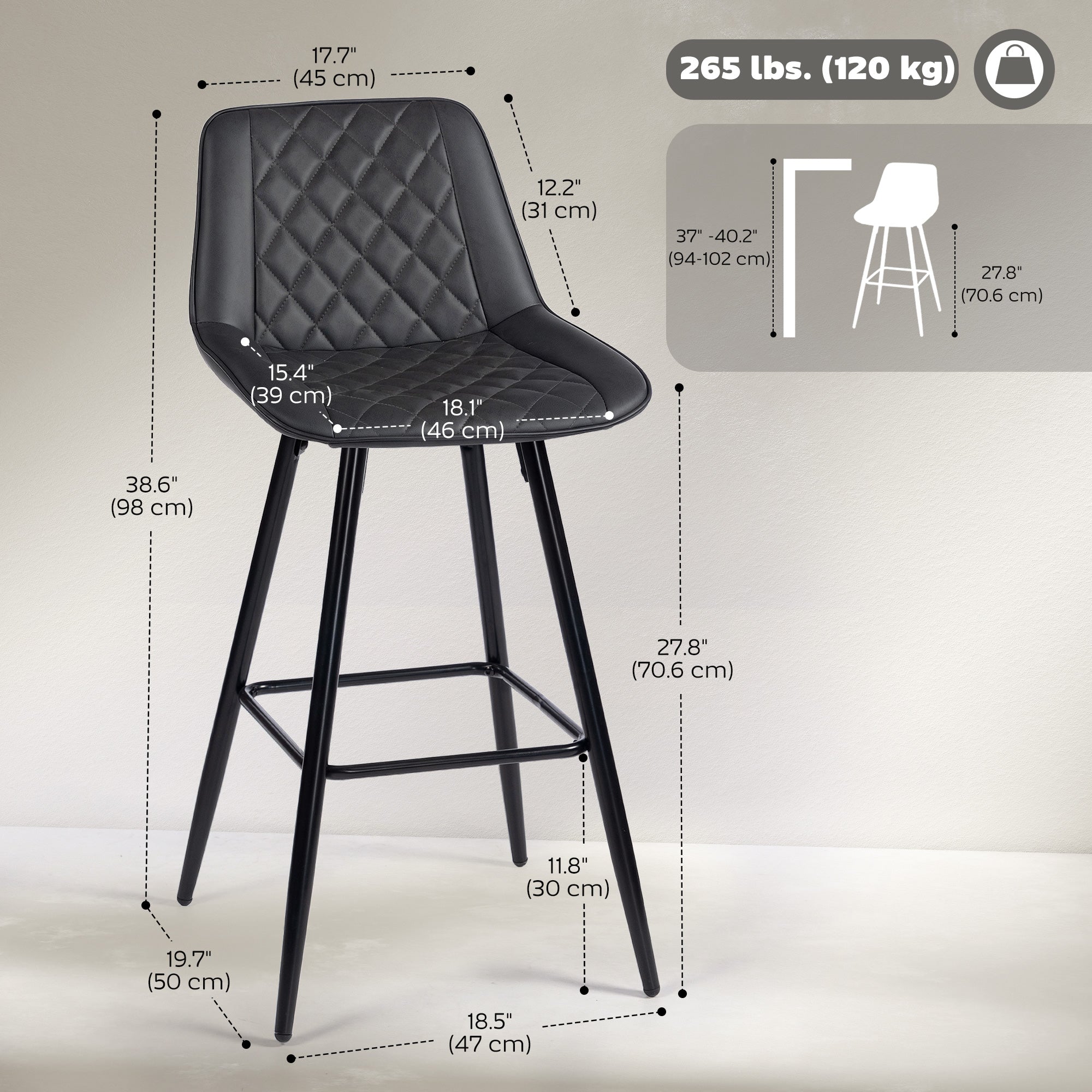 Aosom Set of 2 PU Leather Bar Stools - 27.75" Black Counter Chairs-Home Furnishings > Kitchen & Dining Furniture > Bar Stools-DECOROLALA