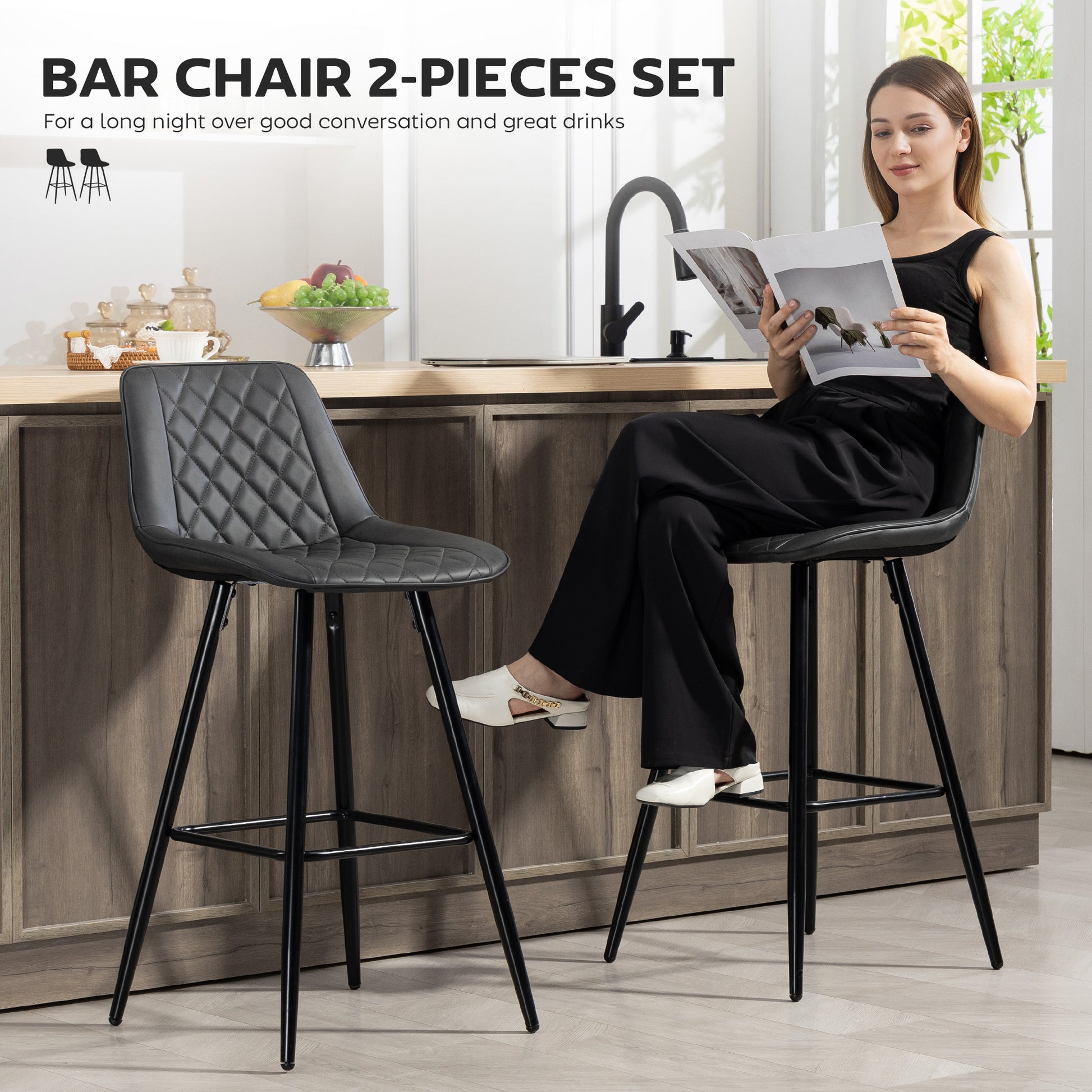 Aosom Set of 2 PU Leather Bar Stools - 27.75" Black Counter Chairs-Home Furnishings > Kitchen & Dining Furniture > Bar Stools-DECOROLALA