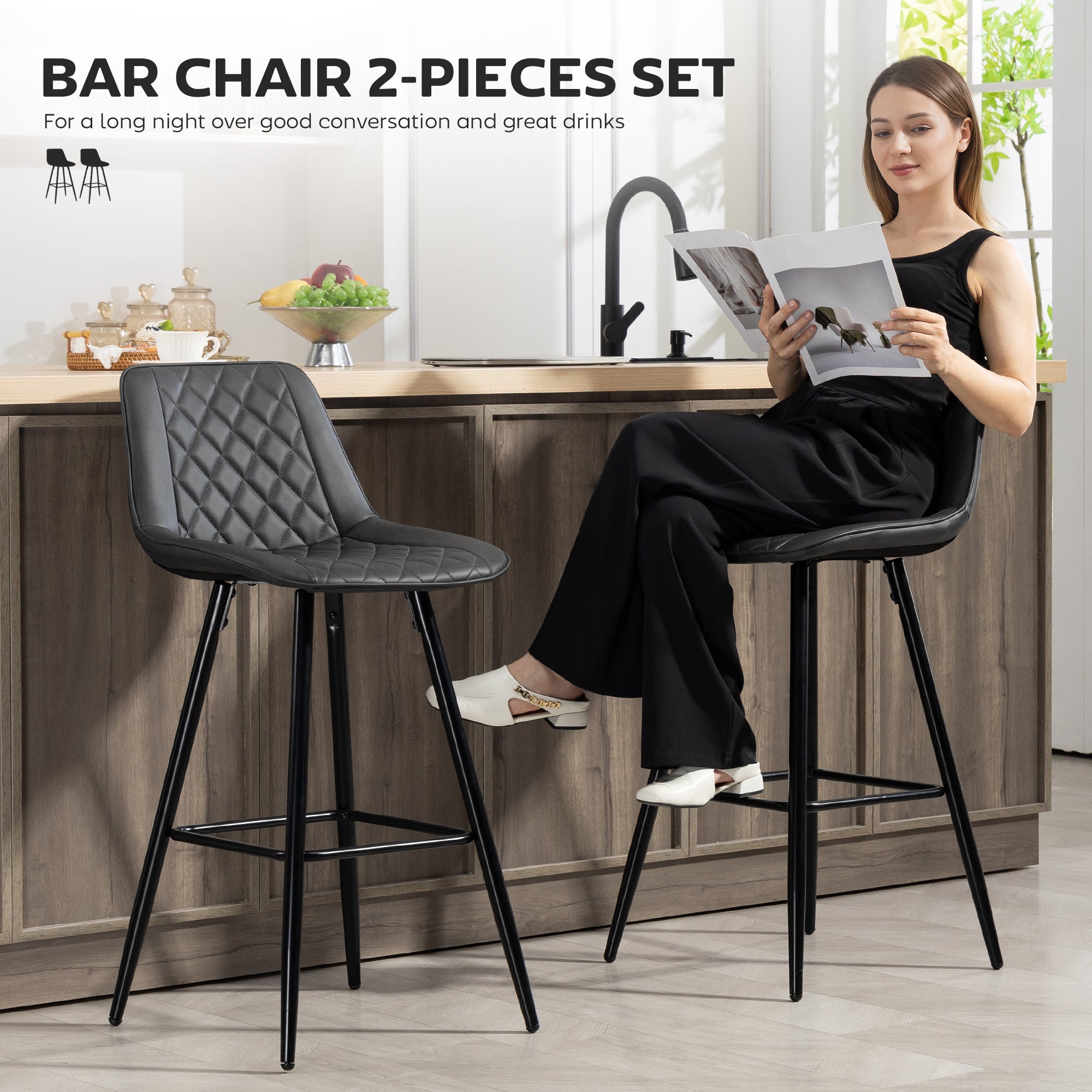 Aosom Set of 2 PU Leather Bar Stools - 27.75" Black Counter Chairs-Home Furnishings > Kitchen & Dining Furniture > Bar Stools-DECOROLALA