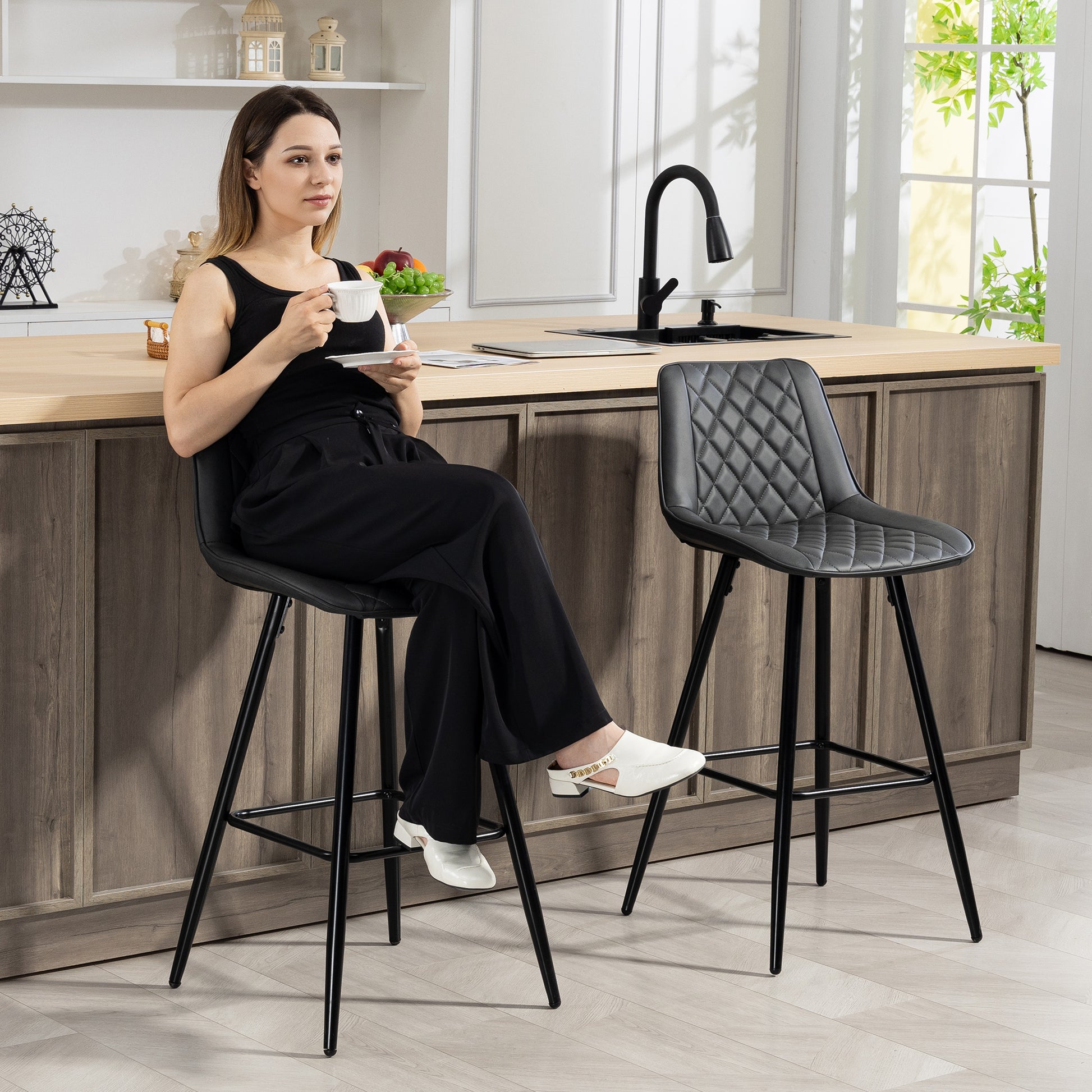 Aosom Set of 2 PU Leather Bar Stools - 27.75" Black Counter Chairs-Home Furnishings > Kitchen & Dining Furniture > Bar Stools-DECOROLALA