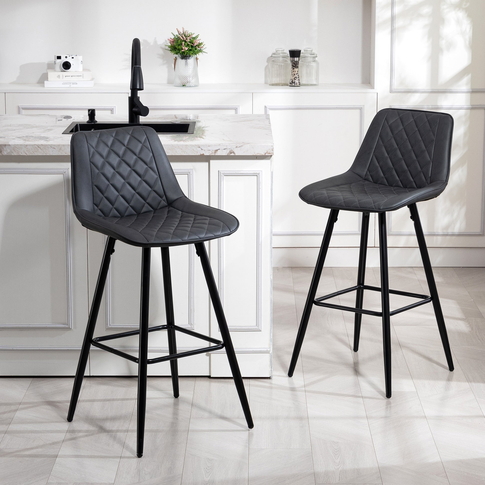 Aosom Set of 2 PU Leather Bar Stools - 27.75" Black Counter Chairs-Home Furnishings > Kitchen & Dining Furniture > Bar Stools-DECOROLALA