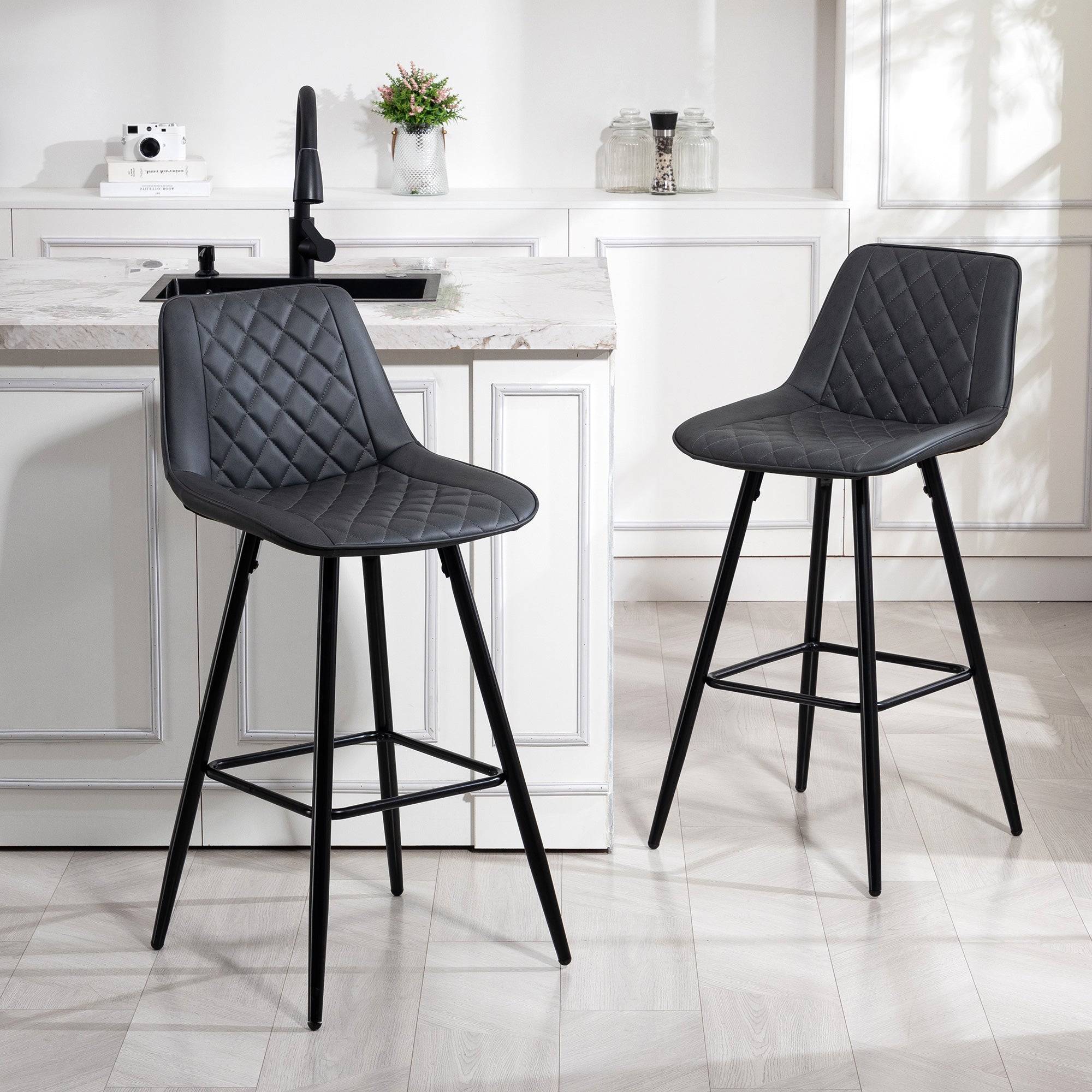 Aosom Set of 2 PU Leather Bar Stools - 27.75" Black Counter Chairs-Home Furnishings > Kitchen & Dining Furniture > Bar Stools-DECOROLALA