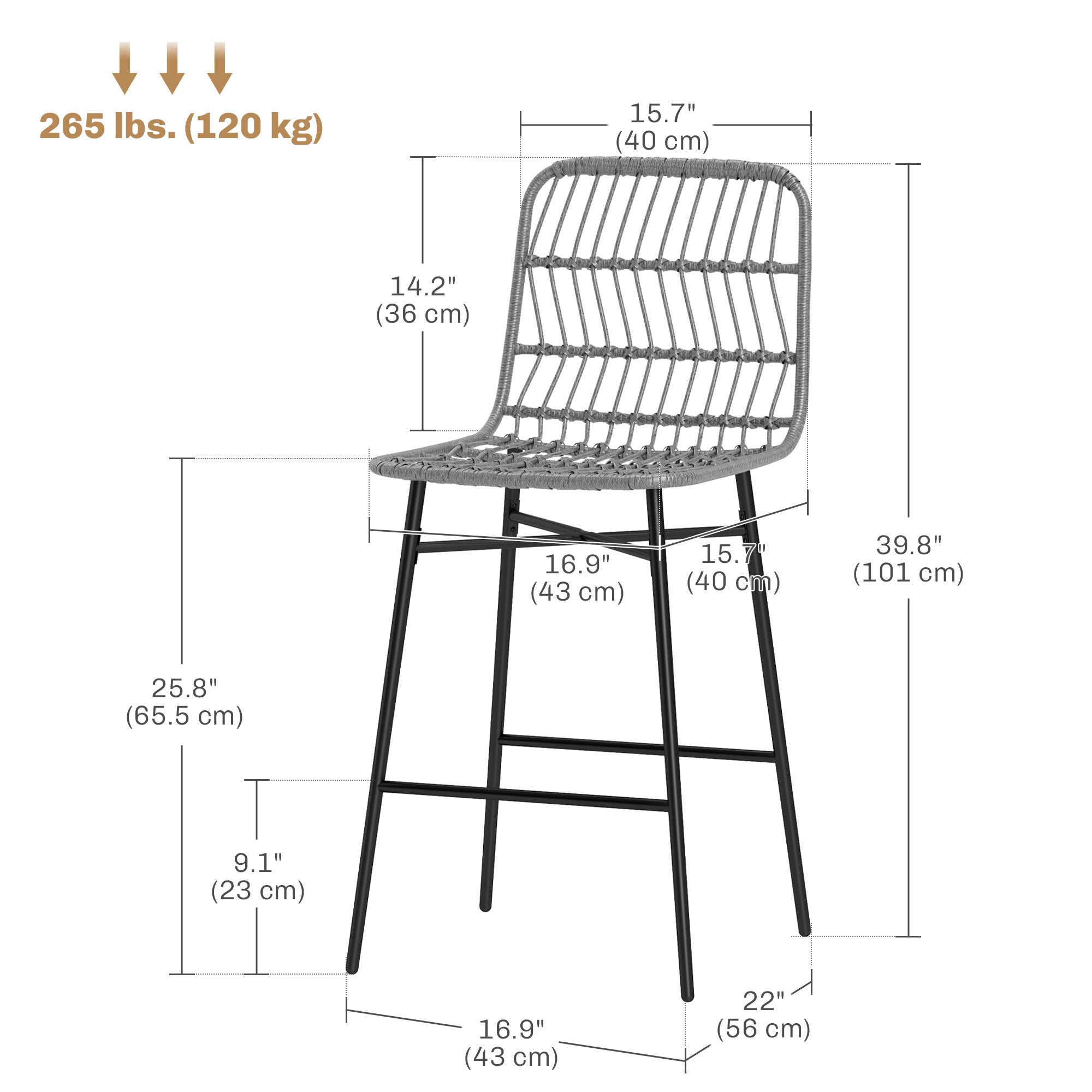 Aosom Set of 2 Rattan Counter Height Bar Stools 26" - Grey-Home Furnishings > Kitchen & Dining Furniture > Bar Stools-DECOROLALA