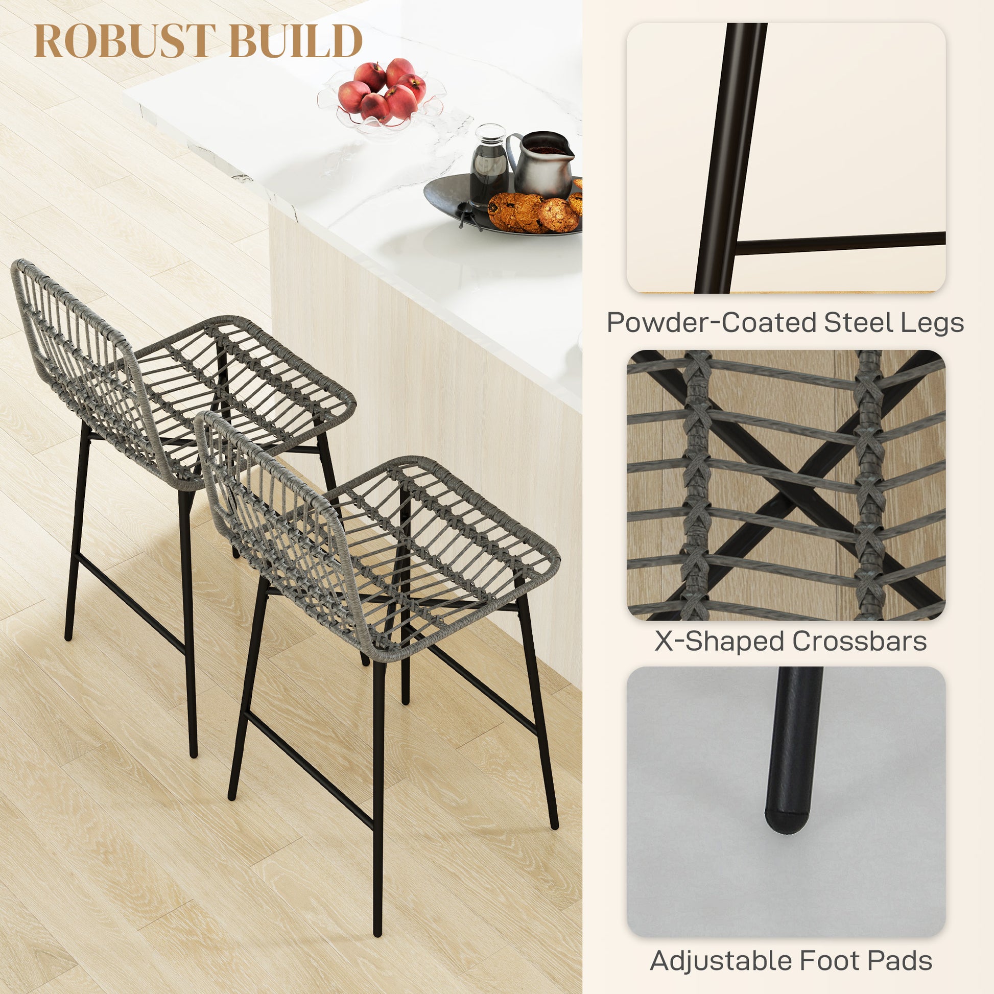 Aosom Set of 2 Rattan Counter Height Bar Stools 26" - Grey-Home Furnishings > Kitchen & Dining Furniture > Bar Stools-DECOROLALA