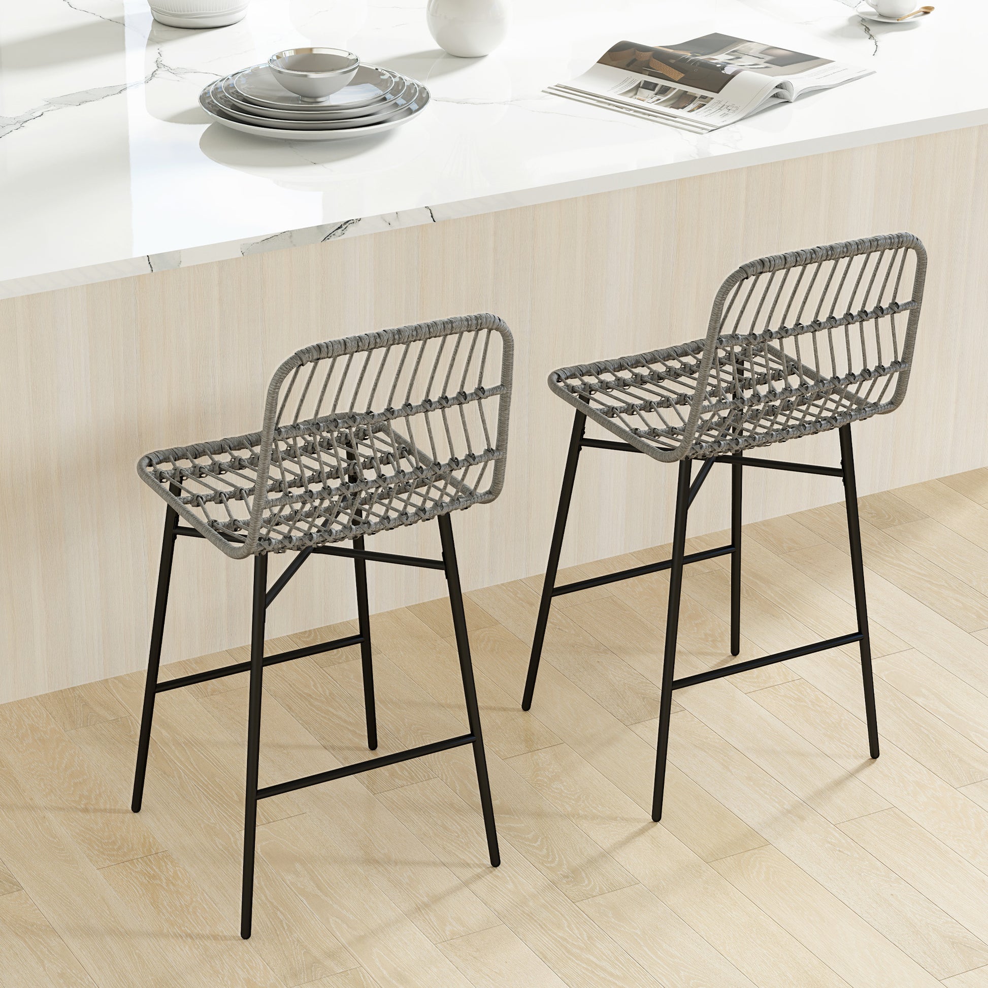 Aosom Set of 2 Rattan Counter Height Bar Stools 26" - Grey-Home Furnishings > Kitchen & Dining Furniture > Bar Stools-DECOROLALA